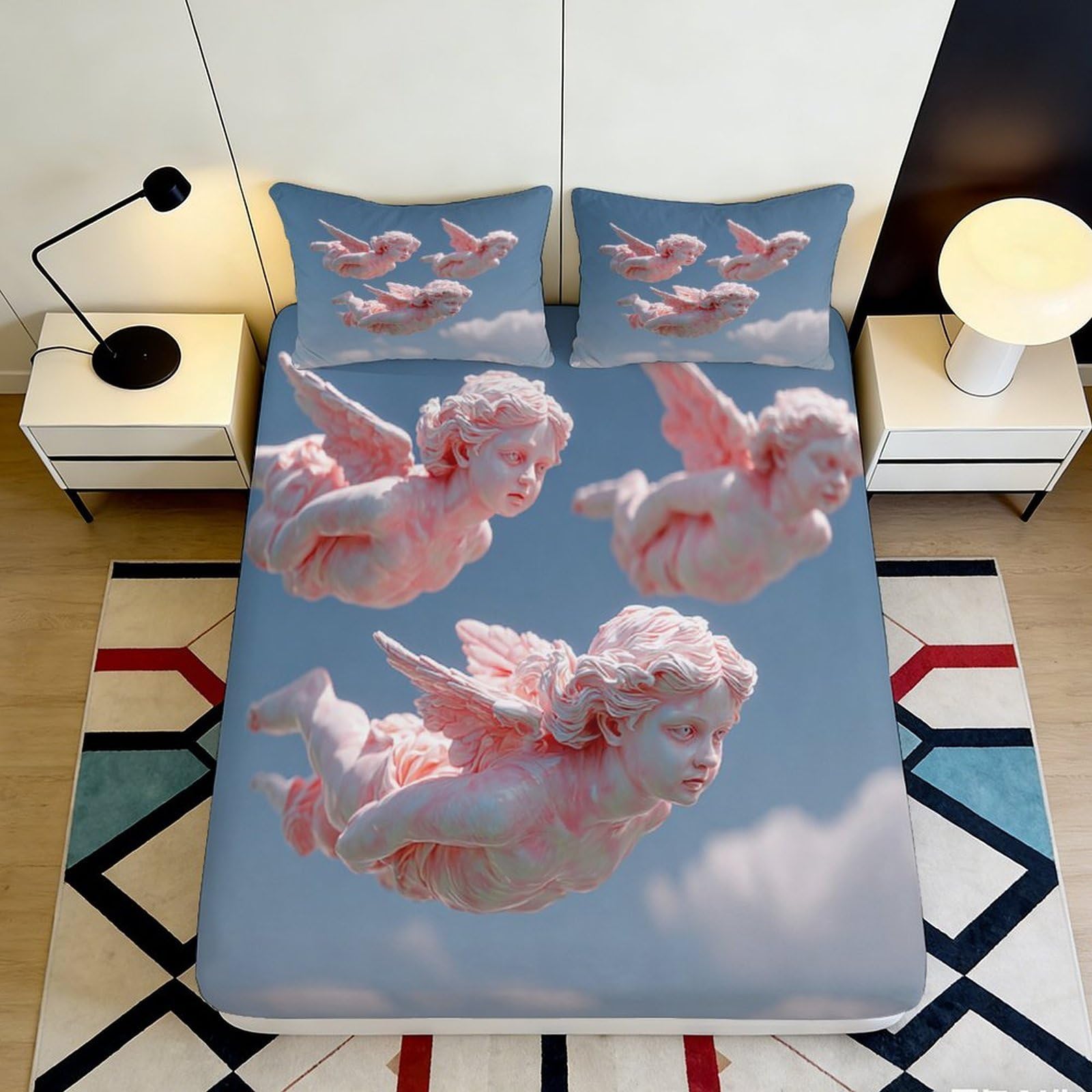 3D Printed Pink Angel Clouds Fitted Sheet Microfiber Soft Decorative Blue Sky Bed Cover for Bedroom Guest Room 90x200x25cm