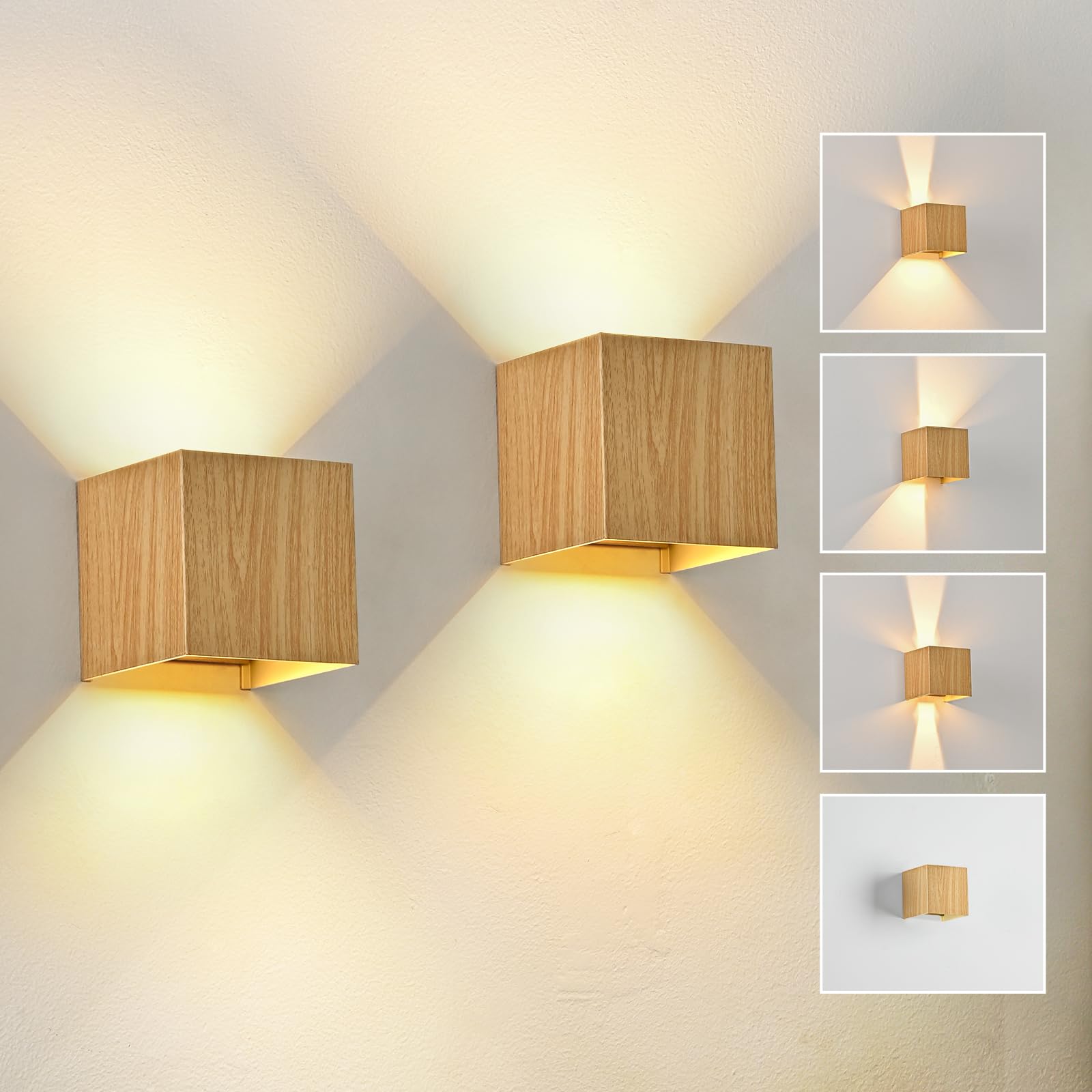 Doughelec LED Wandleuchte Metallgehäuse mit Holzmaserung Innen Aussen, Wandlampe Vintage 6W IP65 Wasserdicht LED Aussenlampe Wand Warmweiß 3000K Einstellbar Abstrahlwinkel Gold für Flur Terrasse, 2PCS