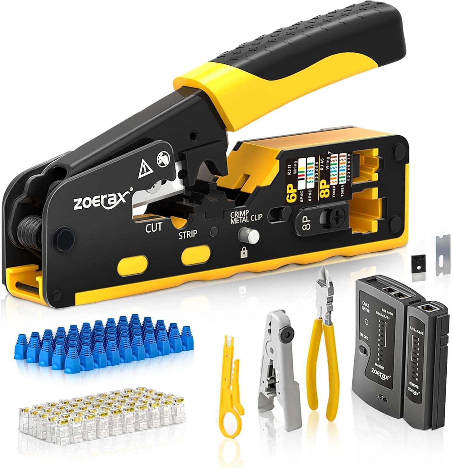 Kit de herramientas de paso RJ45 para Cat7, Cat6 y Cat5. Incluye comprobador de cables, pelacables, cortadores, 50 conectores Cat6 y botas de descarga, herramientas de red Ethernet para manualidades