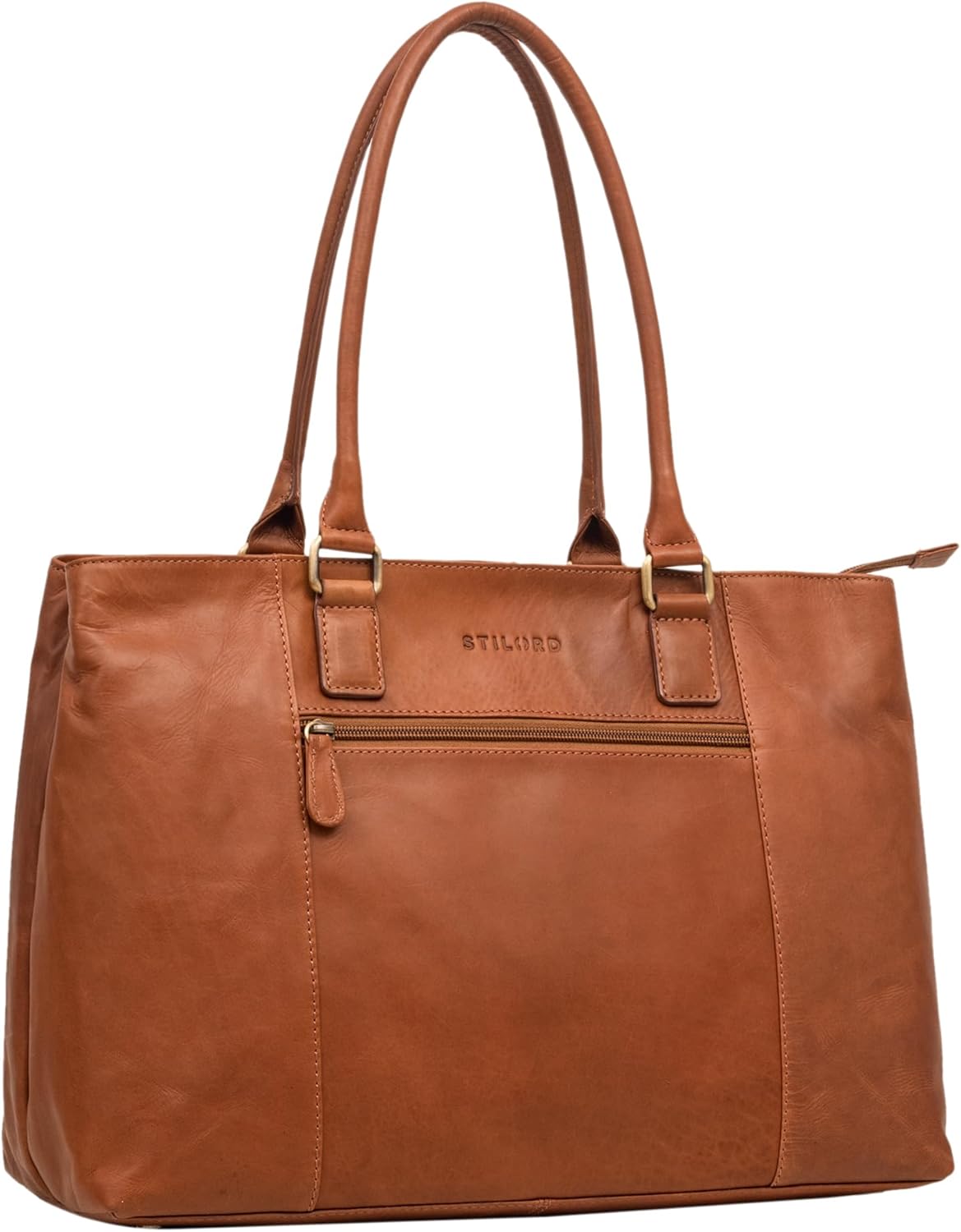 STILORD Emmeline Leren Business Shopper Tas Dames Elegante Business Bag voor 13,3 Inch Laptops Damestas Handtas voor Werk Shopping Reizen Echtleer Kleur:kara - cognac