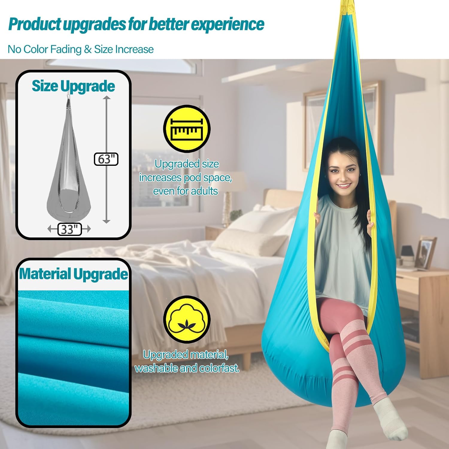 Kids Pod Swing Seat, Max 300 Lbs, Child Sensory Swing Chair Indoor & Outdoor Therapy Hammock Chair with Hanger Kit for Calming, Effect for Autism, ADHD or SPD. (Teal) - Image 2