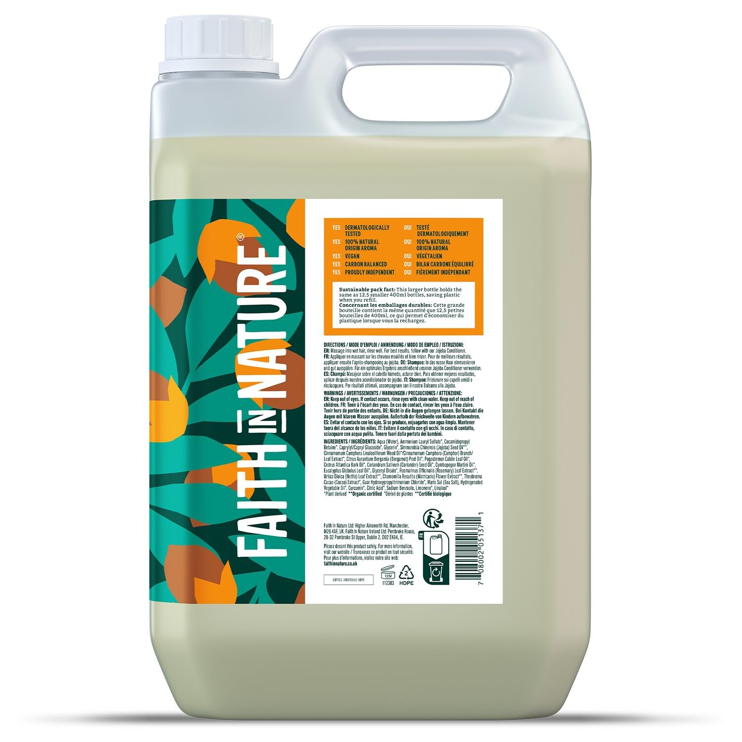 Faith In Nature Balsamo Naturale Jojoba, Lisciatore per Capelli e Cuoio Capelluto Secchi, Vegano e Cruelty Free, Senza SLS, Siliconi o Parabeni, Confezione Ricarica 5L