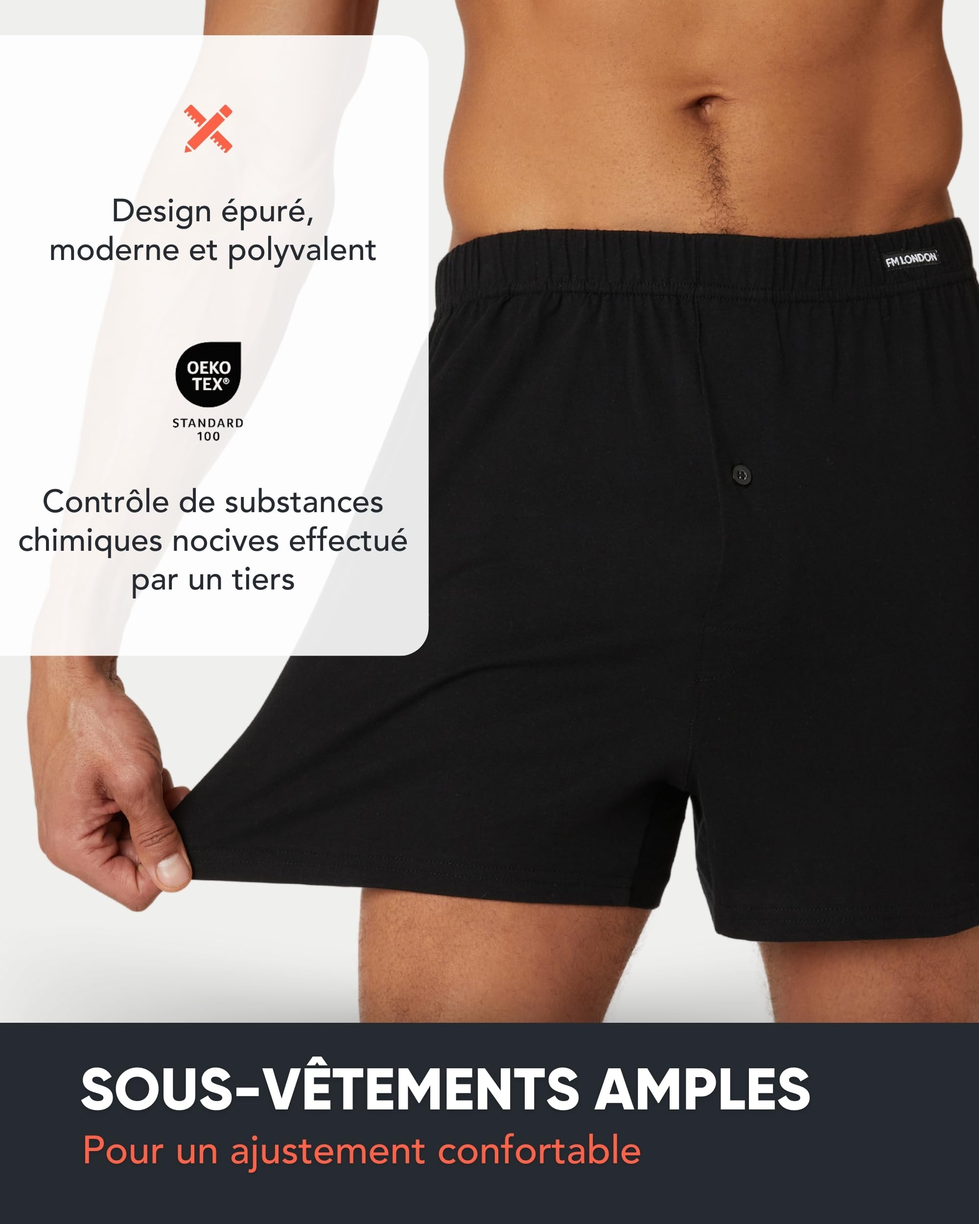 FM London Lot de 5 Boxers pour Homme Coupe Ample, Caleçon Parachute pour Homme en Coton, Sous-Vêtements 100% Coton Ultra Doux Couleurs Unies avec Braguette Boutonnée et Ceinture Extensible Confortable