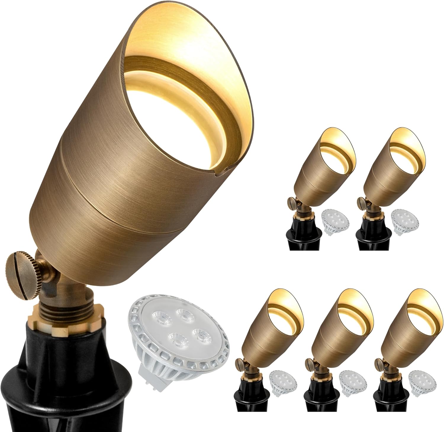 GKOLED Solid Brass Low Voltage Compact Spotlight, 12V AC/DC Waterproof Outdoor Landscape Spot Lights for House Trees Garden Yard Lawn, Up Light with 5W 2700K MR16 Bulb, Stake Included, 12 Pack