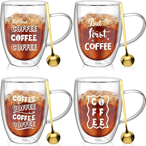 Yaomiao Paquete de 4 tazas de café transparentes con cuchara de 12 onzas, vasos aislados de doble pared con asa, resistentes al calor, té, vino,