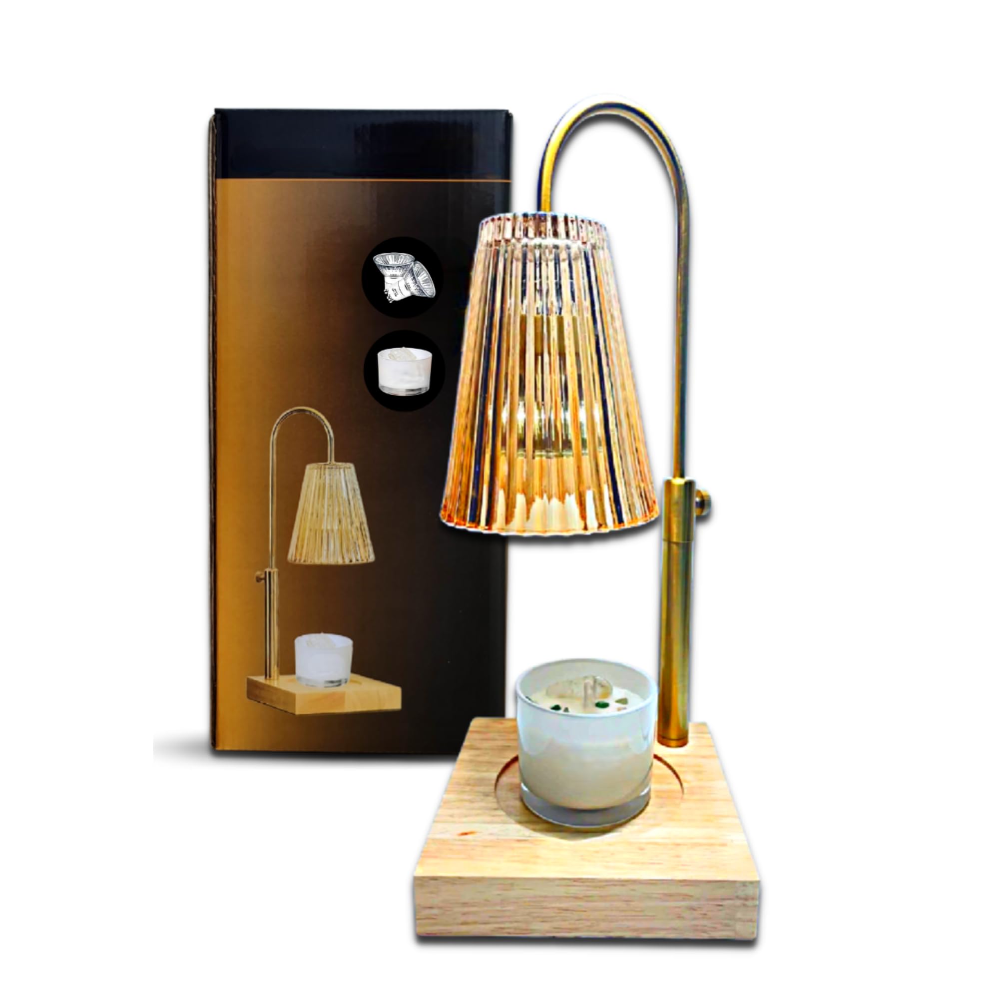 LUCHIA Electric Candle Lamp with Trimer | Dimmable Wax Melt Warmer for Scented Wax with 2 Bulbs | Adjustable Height, Candle Lamp for Candle Jars (Golden Glass Lamp.)