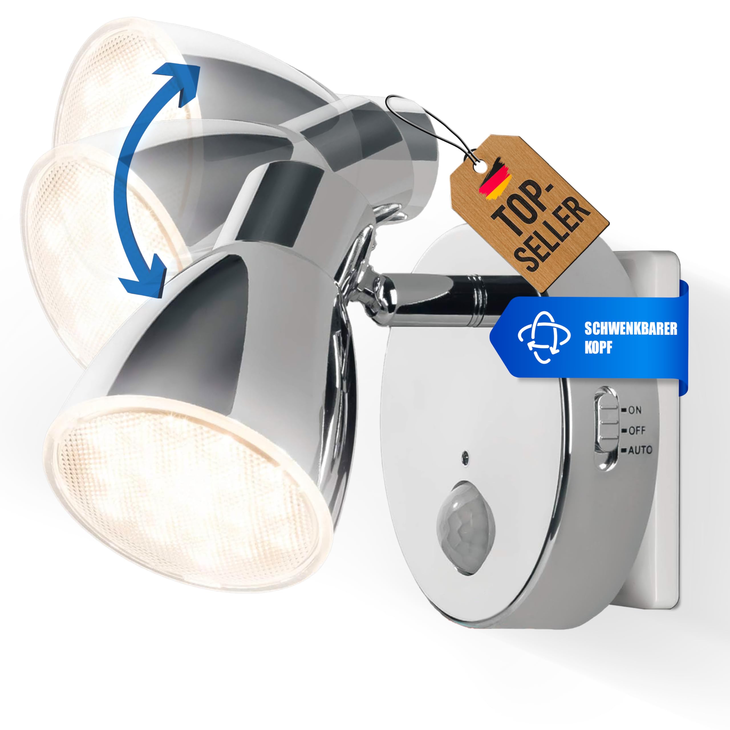 Trango 2635-018 LED Sensor Nachtlicht – Chrom – Drehbar & Schwenkbar – Automatikfunktion – Bewegungssensor – 230V Steckdosenlampe – Sicherheits- & Orientierungslicht