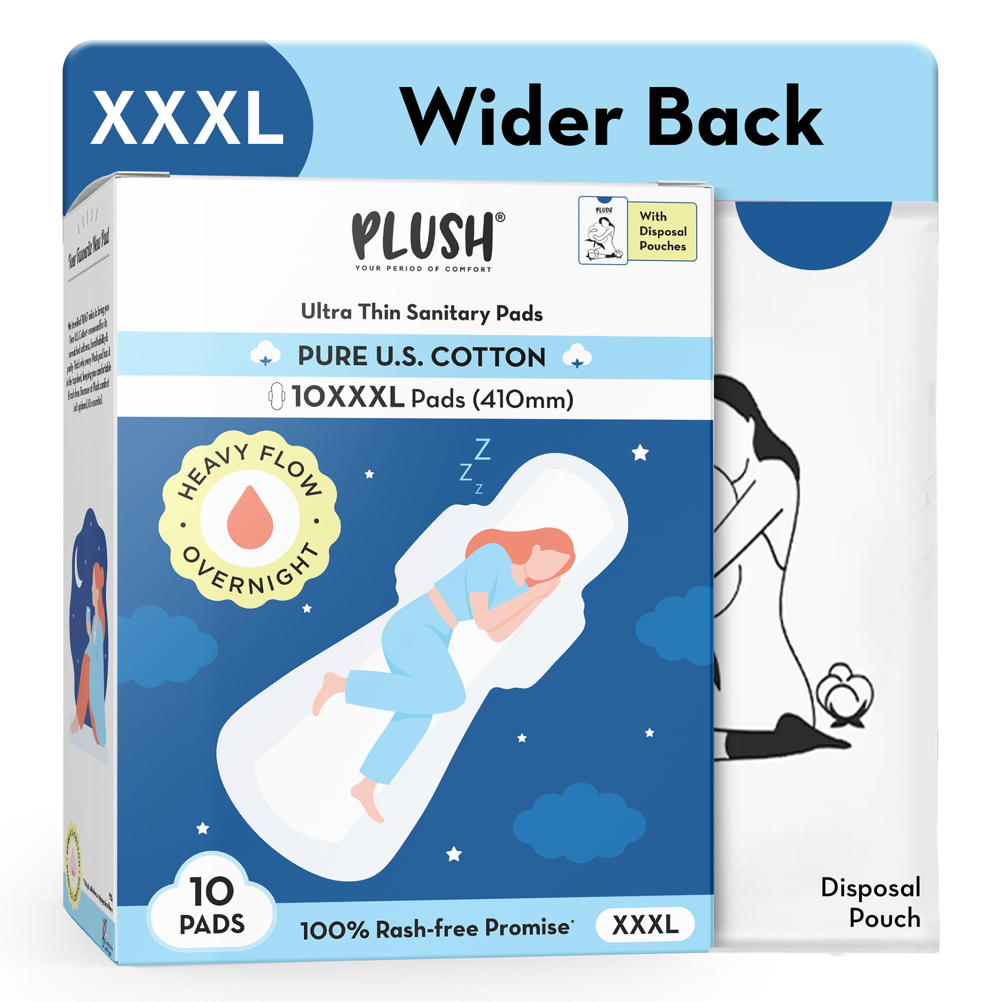 Plush Ultra-Thin 10 XXXL - 410mm Cotton Sanitary Pads For Women | Super Absorbent, Heavy Flow & Rash Free | Pure U.S. Cotton Sanitary Napkins With Free Disposable Pouch | Toxin & Fragrance-free-image-13