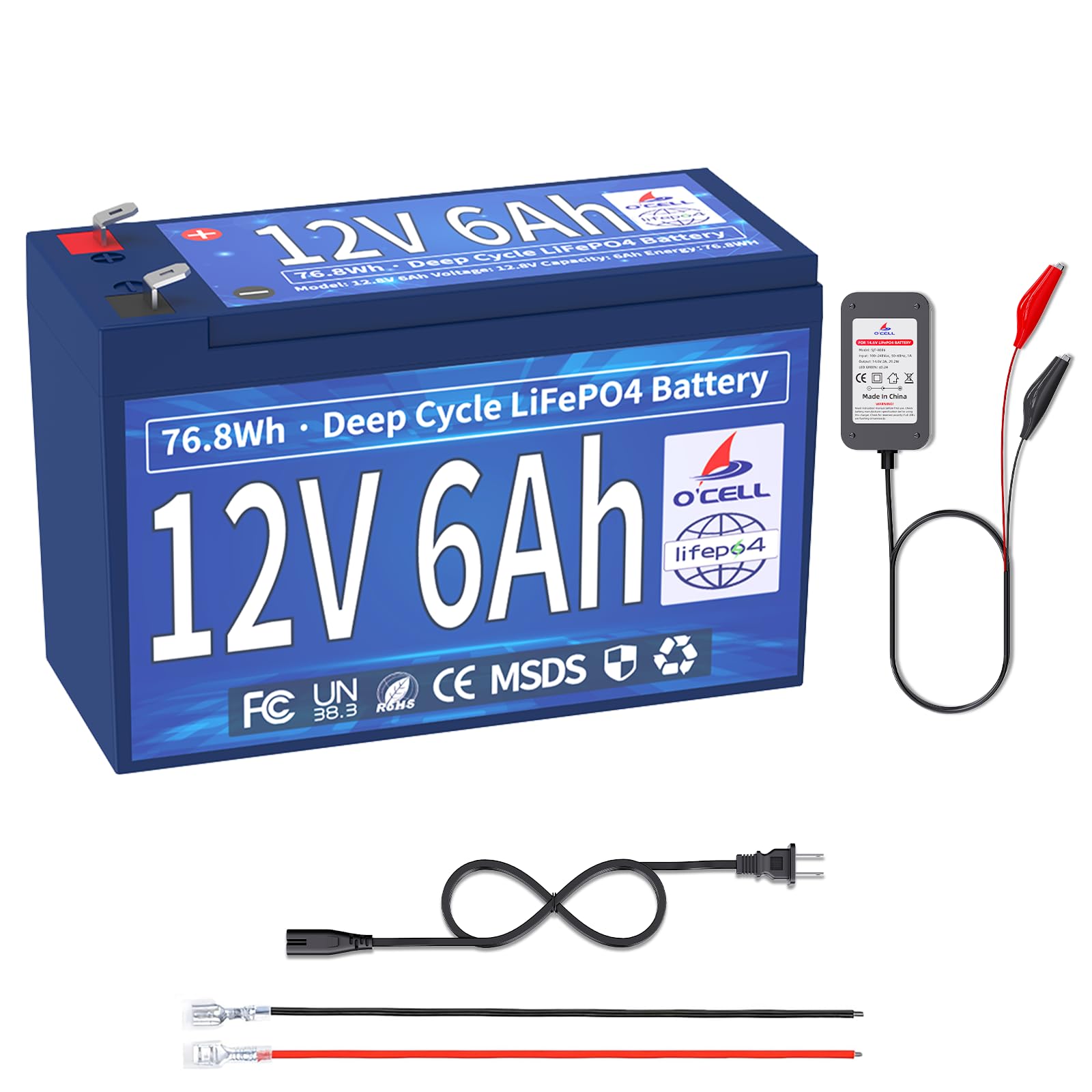 Photo 1 of OCELL 12V 6Ah LiFePO4 Lithium Battery, 4000+ Cycles 12V 6Ah Lithium + 14.6V 2A Charger, 12 Volt 6Ah Deep Cycle Battery Great for Ice Fishing Sonar, Solar, Ride on Toys, Fish Finders, Alarm, Razor