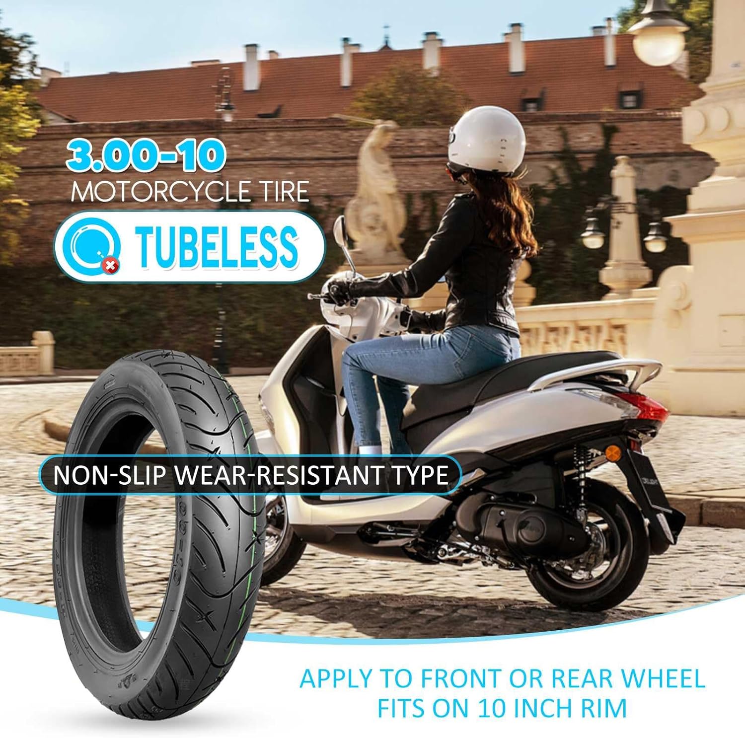3.00-10 Scooter Tire Street Tire 3.00 10 Inch Tubeless Tire for Electric Scooters | 3.00-10 Tire for Scooters Front/Rear Replacement Spare Accessory, Fits on 10 Inch | 42J 4 P.R.