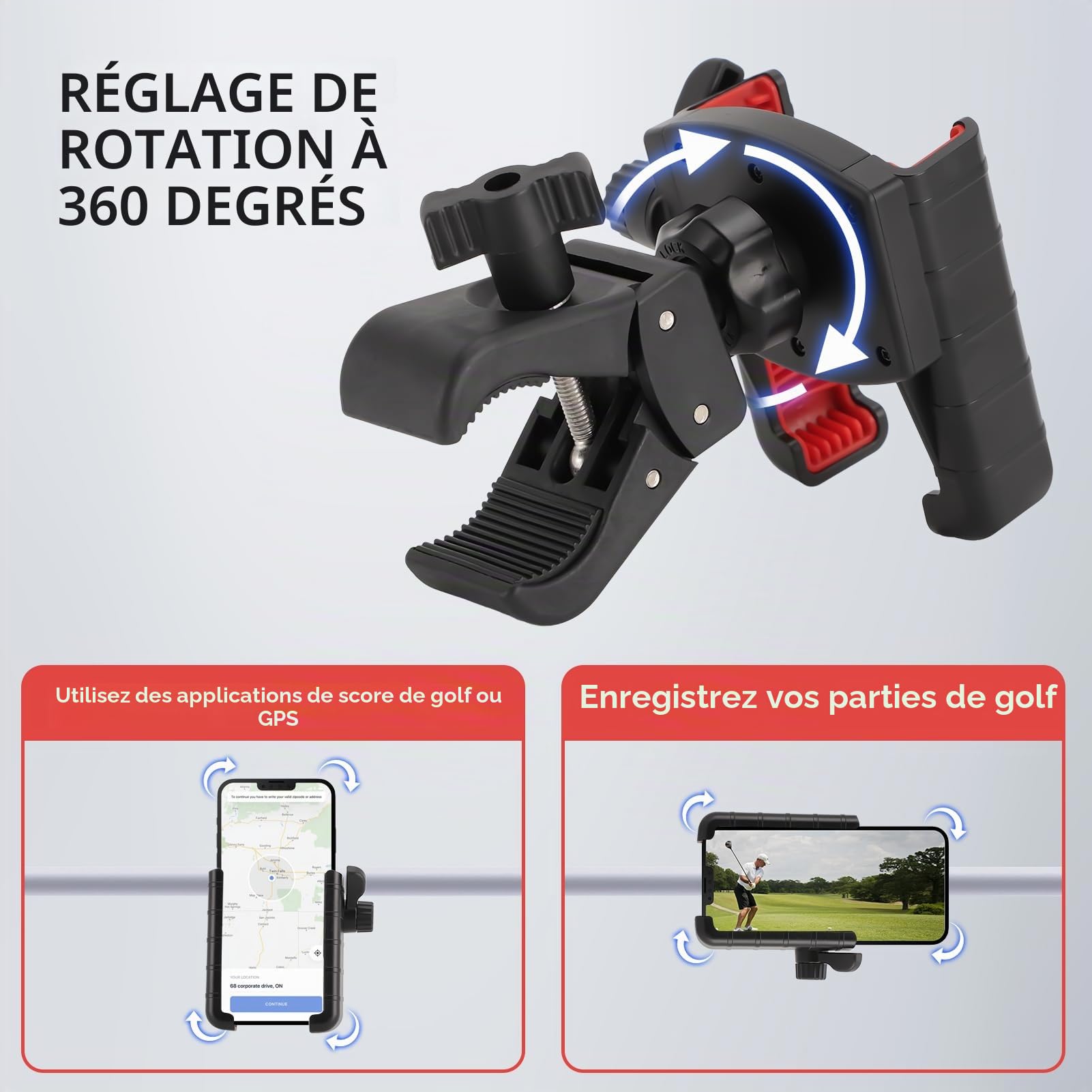 Support de téléphone pour voiturette de Golfs, Support de téléphone Rotatif à 360 degrés Compatible avec la Plupart des Smartphones et étuis de téléphone