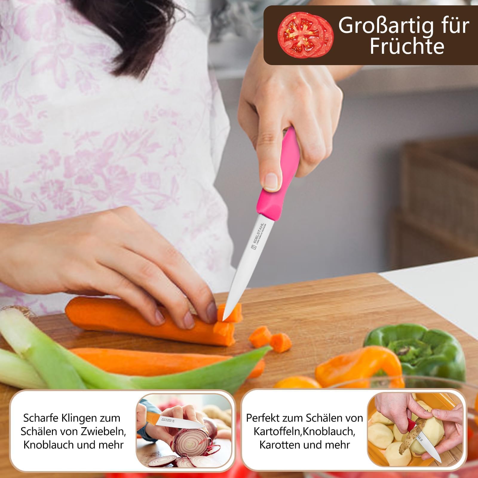 Gemüsemesserset, 6-tlg,aus Edelstahl, mit Kunststoffgriffen, bunt | Obstmesser-Set mit scharfen, präzisen Edelstahlklingen, speziell zum Schneiden von Obst und Gemüse entwickelt