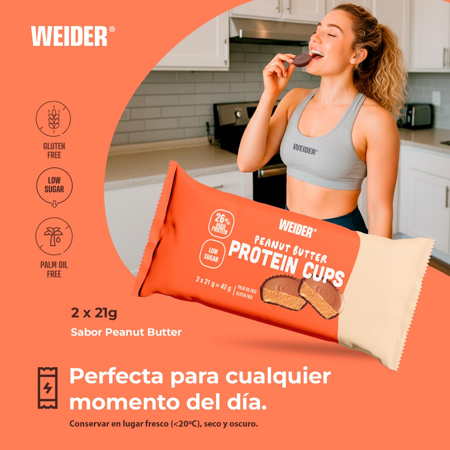Weider Protein Cups Peanut Butter (20x42g) Tartaletas con alto de contenido de proteínas y Bajo en Azúcar, con cobertura de Chocolate, Sin gluten (20 sobres de 2 tartaletas)