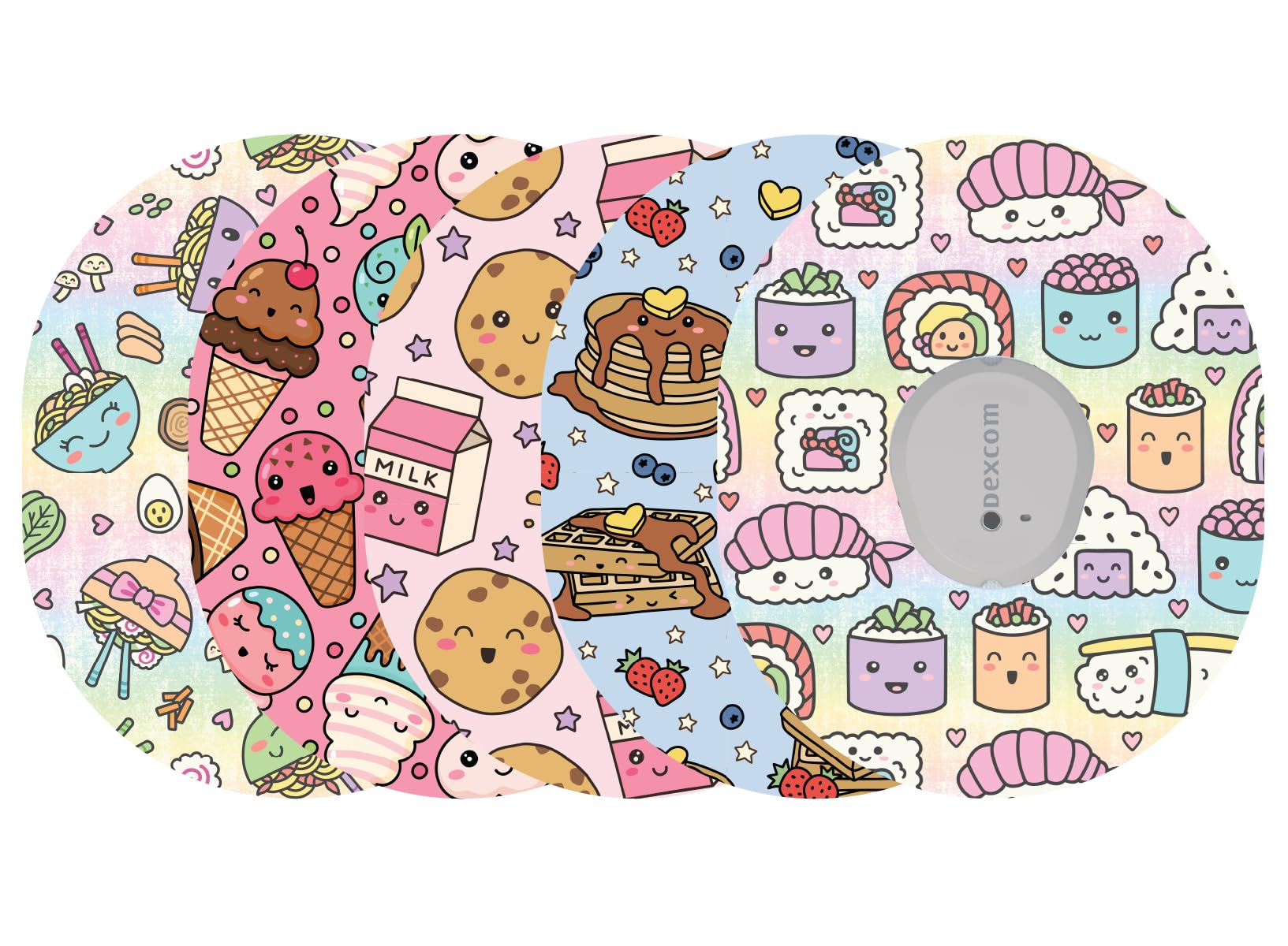 Glucomart Adhesive Patches for Dexcom G7, Stelo & Infusion Sets – 5-Pack Waterproof, Sweatproof CGM Overpatches – Hypoallergenic CGM Patches (Kawaii Foods)
