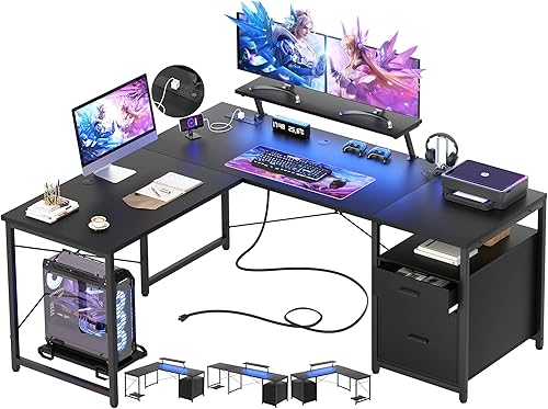 Unikito Escritorio en forma de L con toma de corriente y tira LED, escritorio esquinero en forma de L con cajón reversible de archivos y soporte