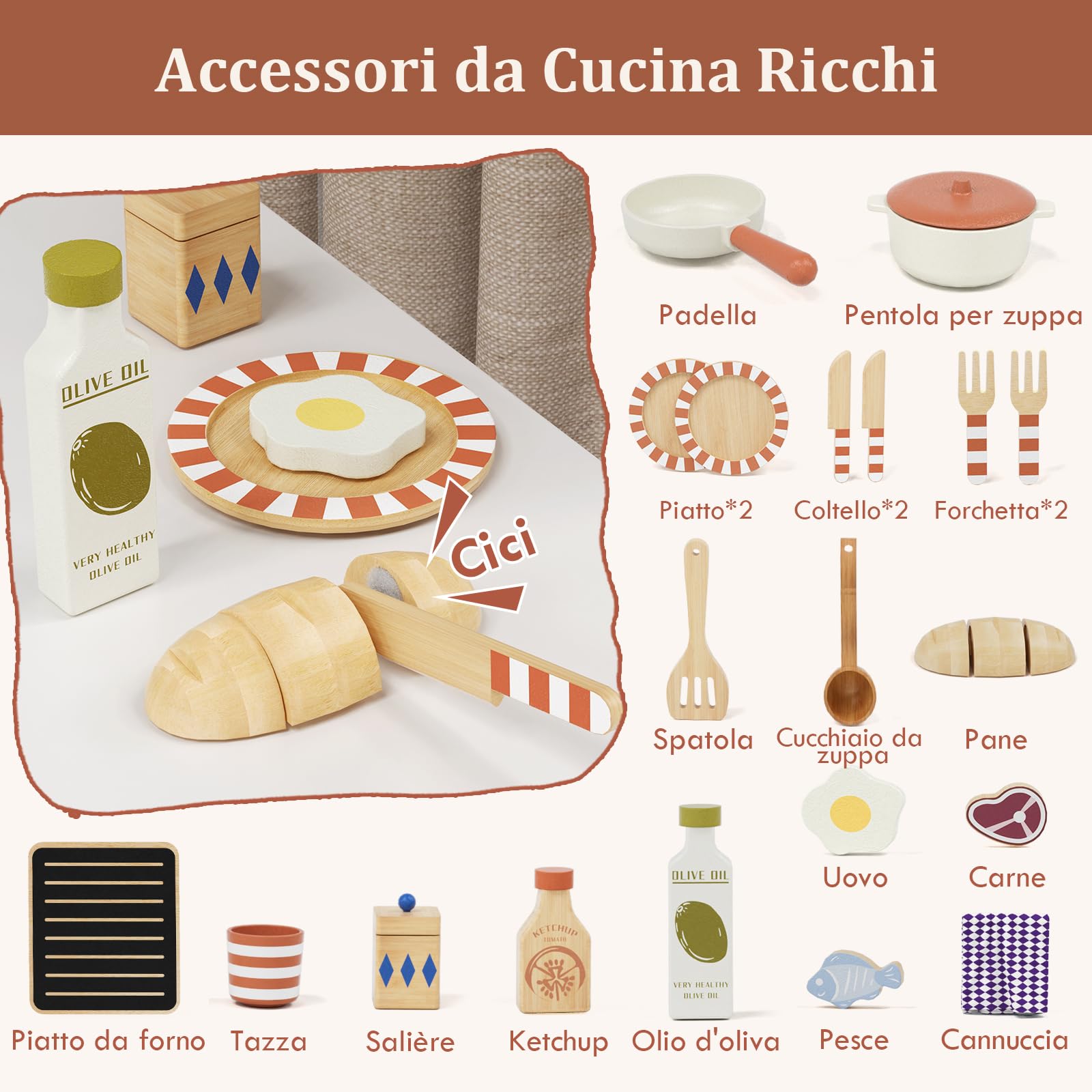 Lehoo Castle Cucina Giocattolo per Bambini, Cucina Legno per Bambini con Fornello, Cucina Bambina con Pentole e Padelle, Giochi di Ruolo per 3+ Anni