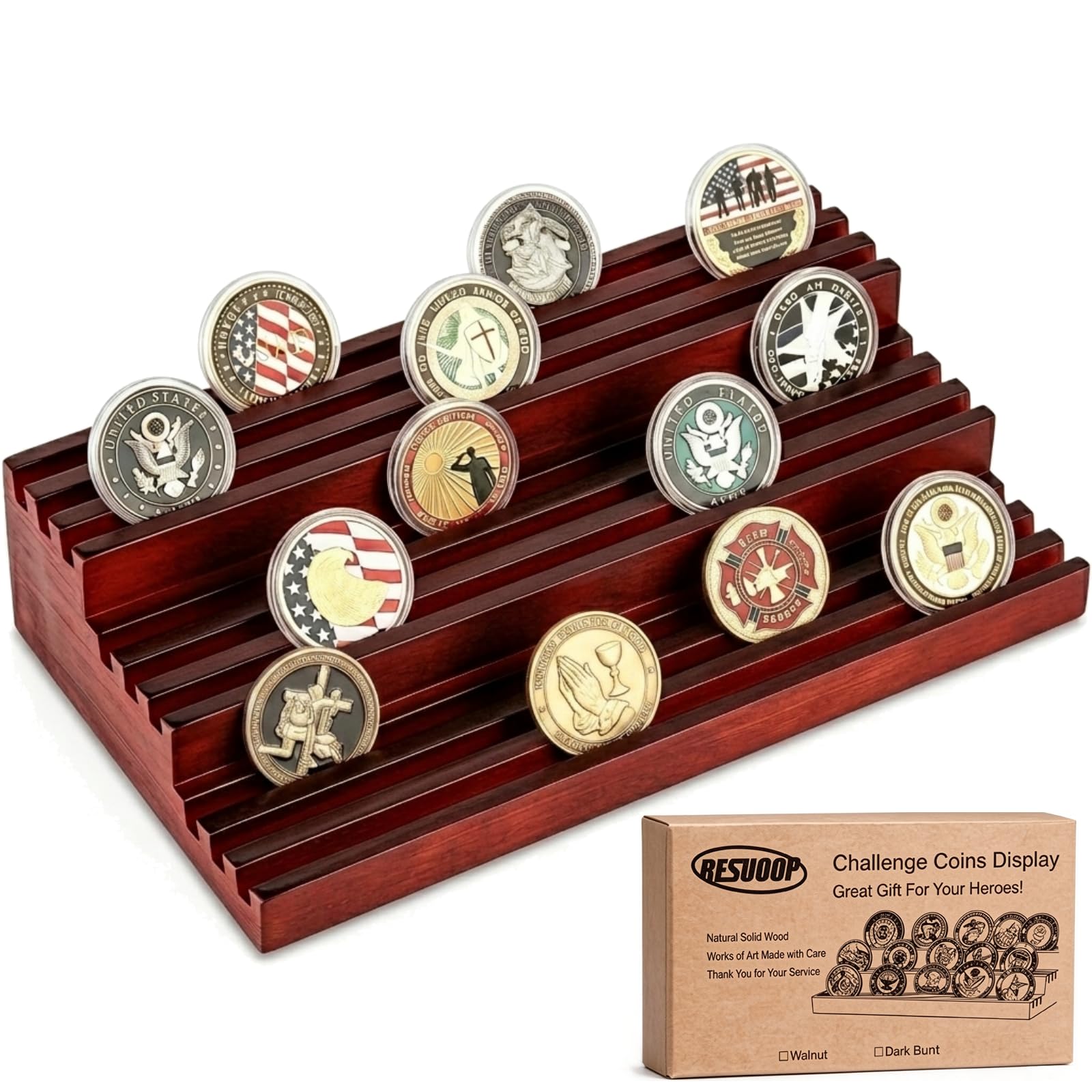 Challenge Coin Display Stand - Where Every Coin Tells A Story - Solid Wood Military Coin Rack | 9-Row Ladder Design Holds 45-60 Coins | Desktop Holder for Army Police Firefighters (Walnut)