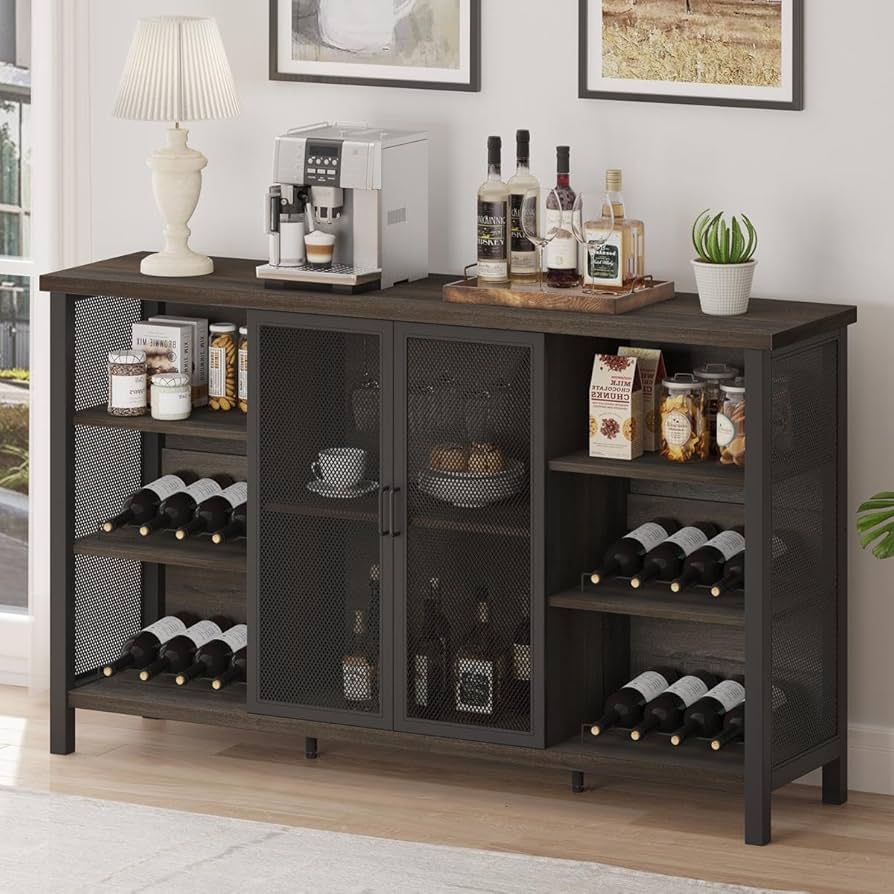 FATORRI Wine Bar Cabinet for Liquor and Glasses, Industrial Coffee Bar Cabinet, Farmhouse Sideboard and Buffet Cabinet with Storage, Wood and Metal Wine Rack Cabinet (55 Inch, Walnut Brown)