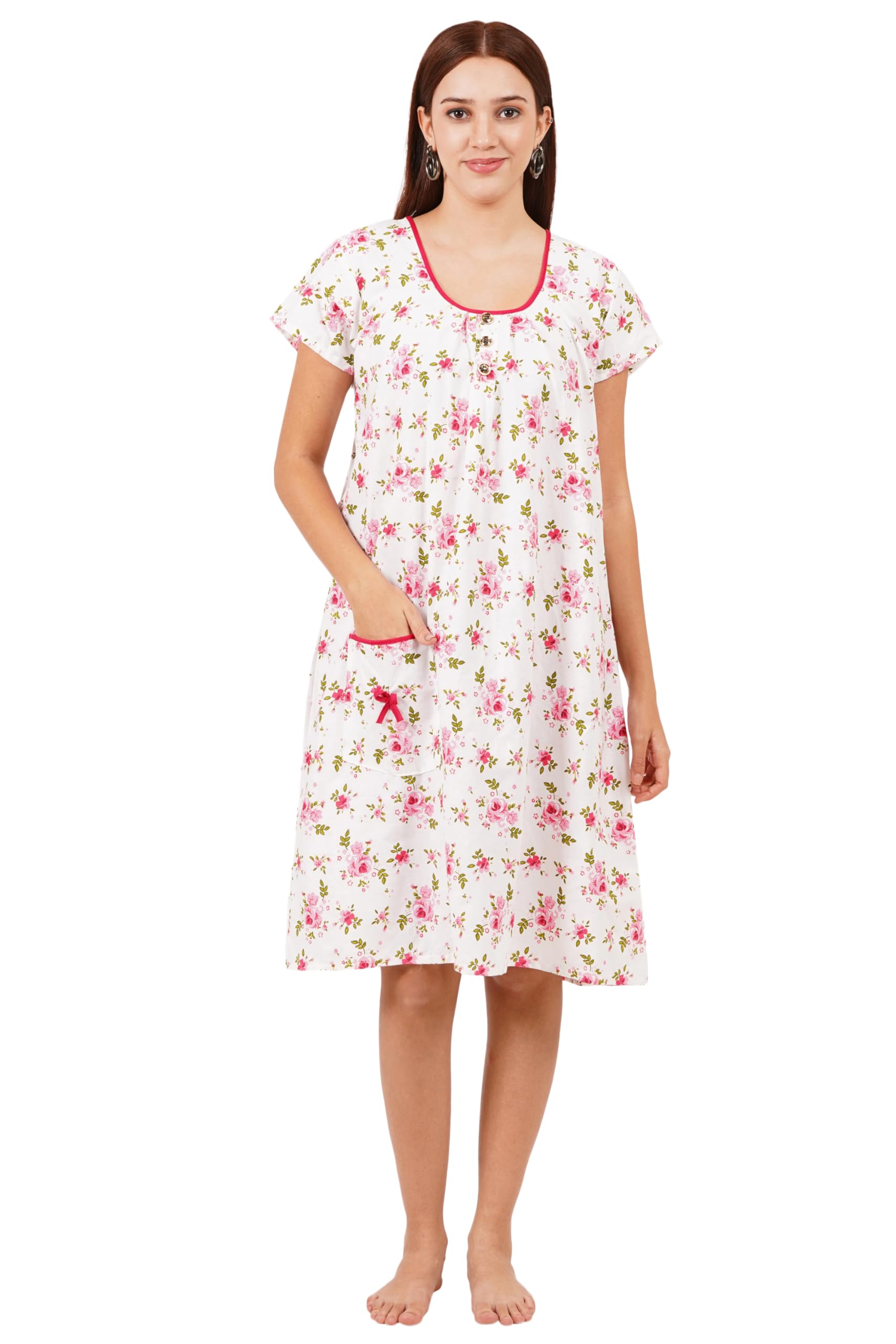 breezly Woman's Long Short Calf Length Pure Cotton Nighty Pink-picture-44