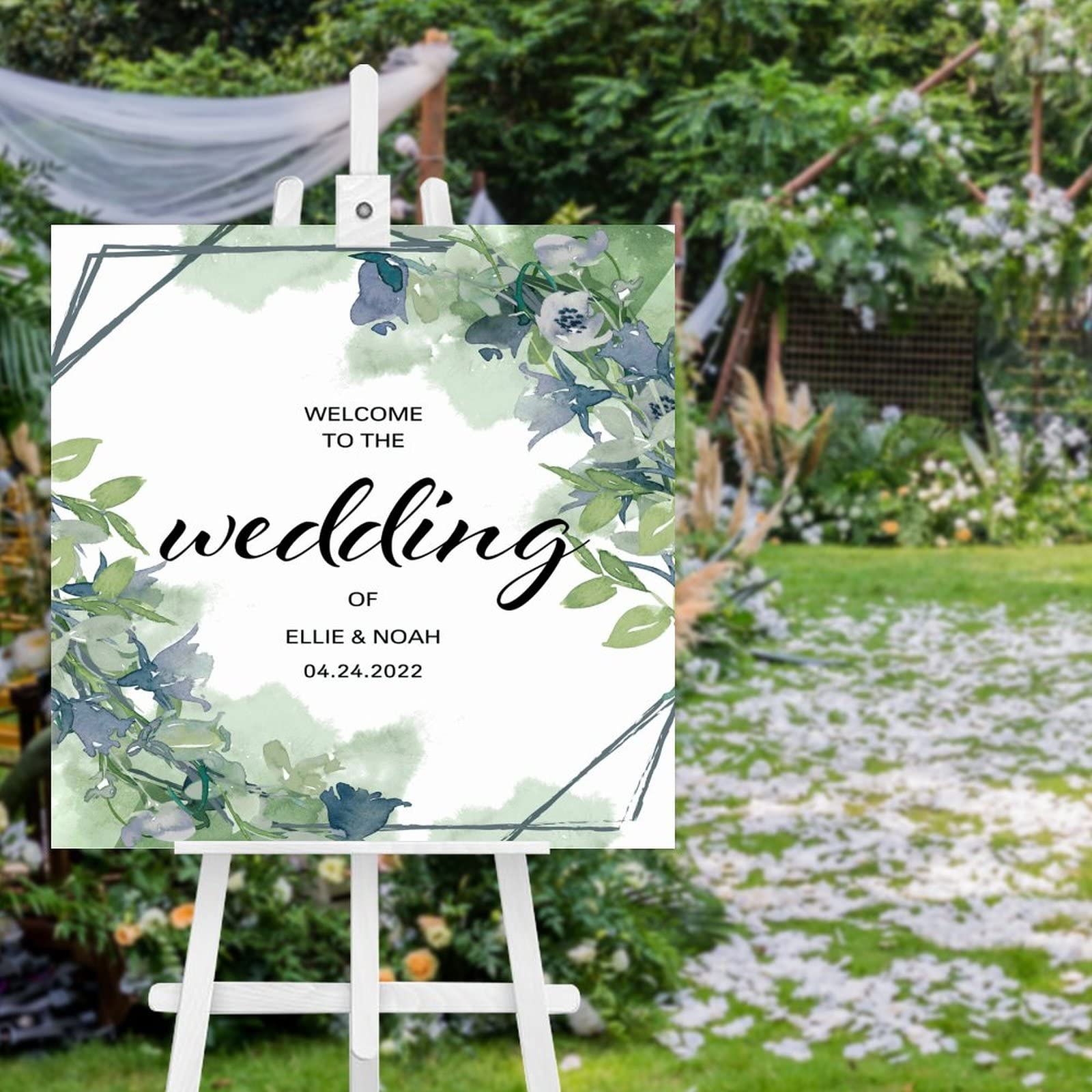 Panneau de bienvenue mariage bois personnalisé vertical 50x50 cm avec verdure