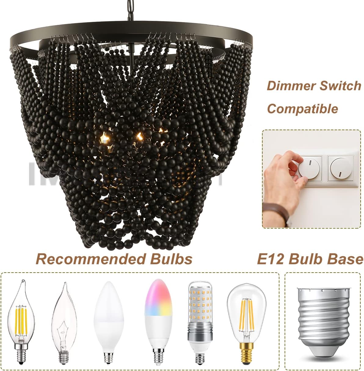 iMeshbean Boho Black Wood Beaded Chandelier, 25.5-inch OD, 4-Light, Rustic Farmhouse Ceiling Light Fixture for Dining Room, Bedroom, Living Room