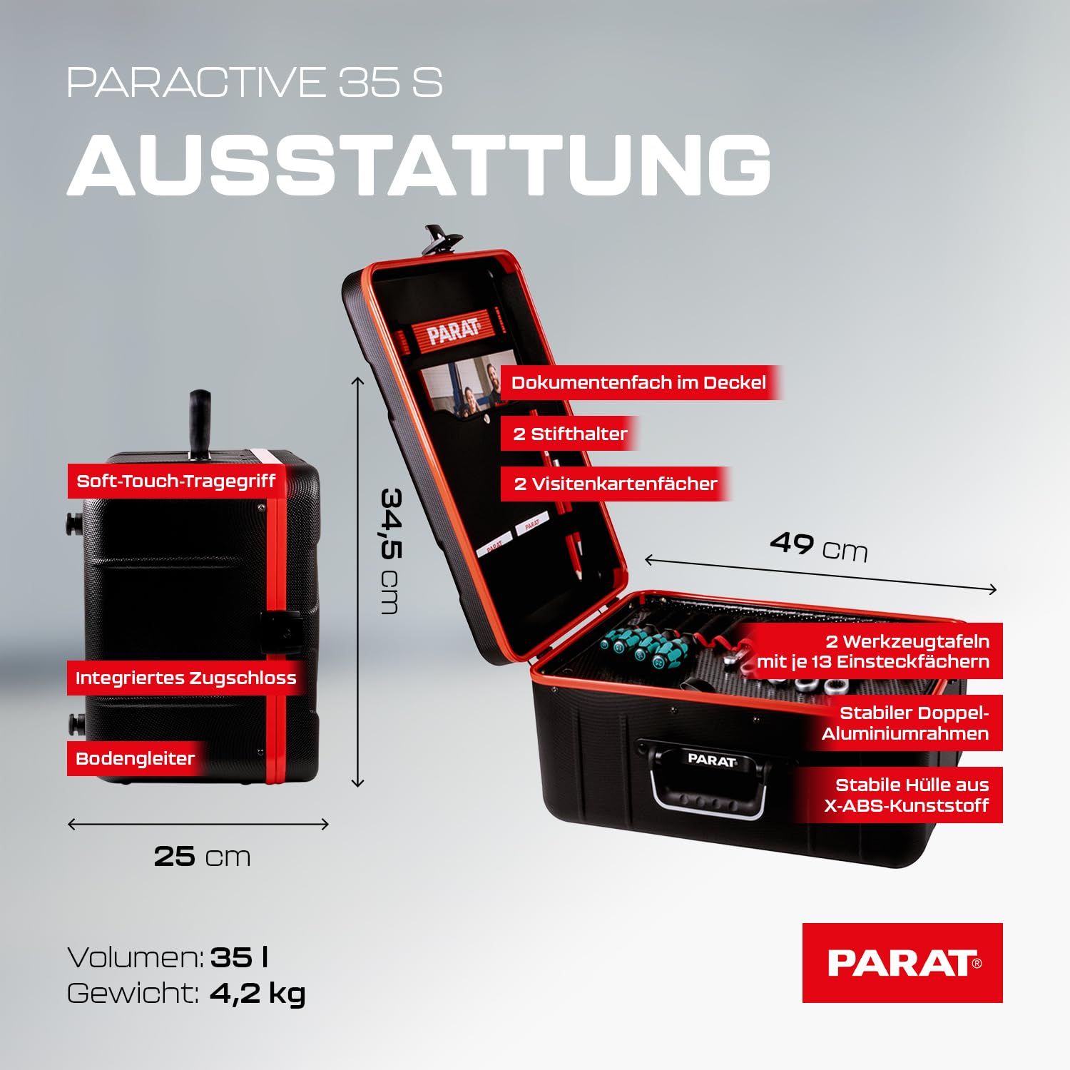 PARAT PARACTIVE 35 S walizka narzędziowa pusta 35 l | designerska walizka na narzędzia z aluminiową ramą i dolną miską XL | wysokiej jakości walizka na narzędzia z nylonowymi przegródkami i kieszenią
