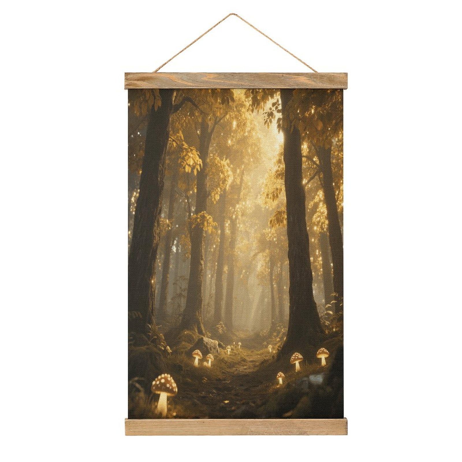 VstaDank Magic Forest Hanging Poster with Wooden Frame Modern Linen Hanging Painting Retro Style Wall Decor Art Painting for Living Room,Bedroom Decor Poster Frame 20.4x13.1inch