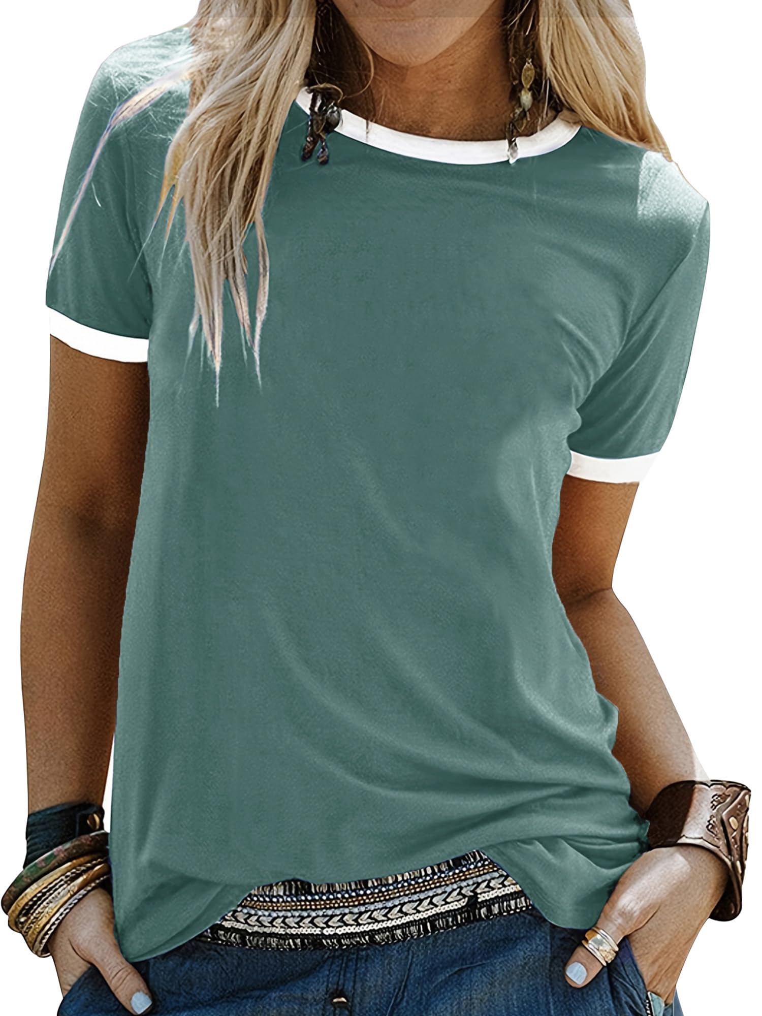 Awemeal T-Shirt Damen Sommer Oberteil Tee Shirt Rundhals Kurzarm Basic T-Shirts Bluse Einfarbig Casual Blusenshirt Top Hemd