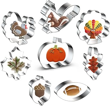Fall Thanksgiving Cookie Cutter Set - 8 Piece - Pumpkin, Maple Leaf, Oak Leaf, Turkey, Squirrel, Acorn, Football - Stainless Steel