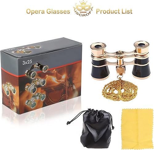 Miniatura 5 de Gafas de ópera de 3 x 25 pulgadas, mini binoculares compactos, ligeros, con cadena para adultos, niños, mujeres en concierto musical (negro con