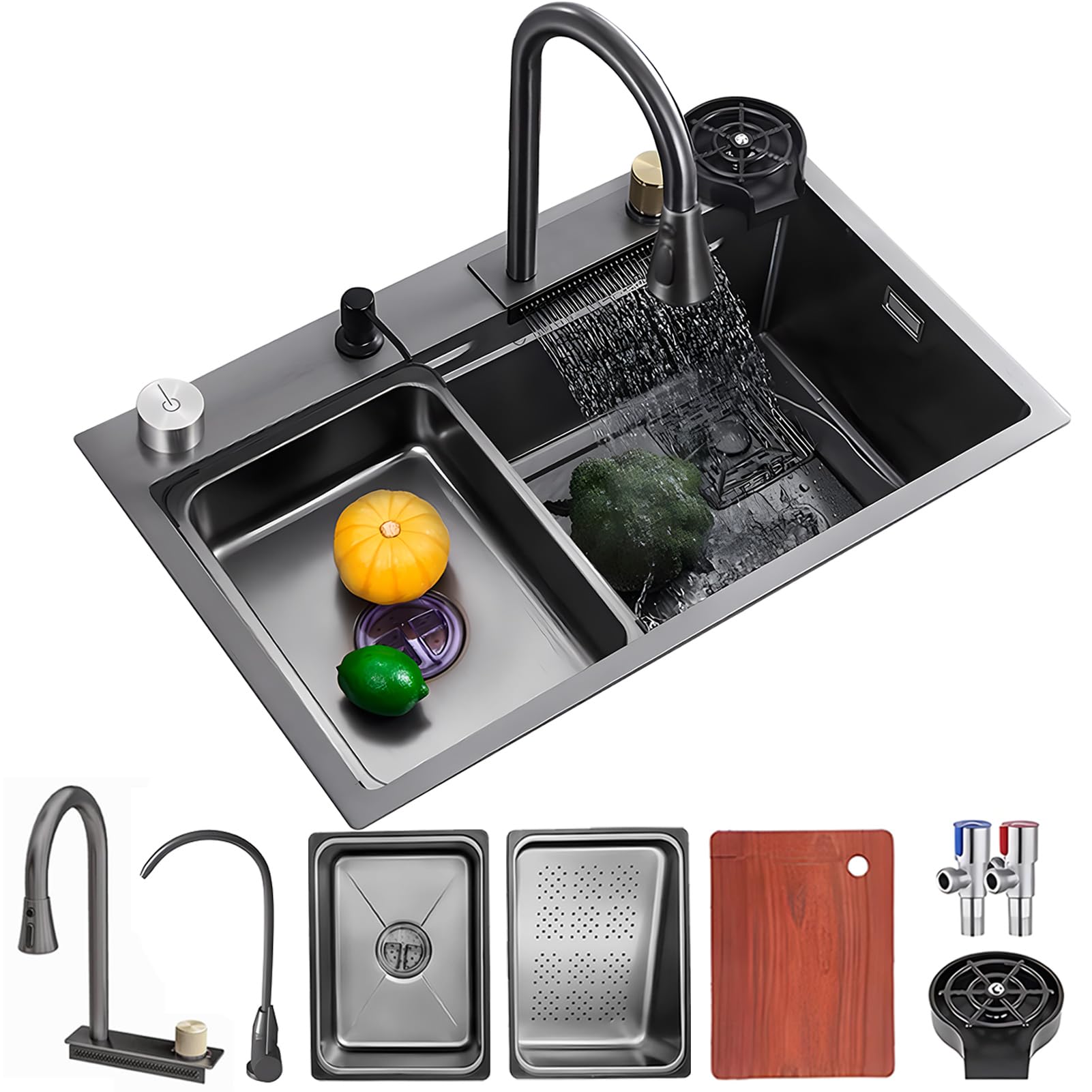 CZYWKDDPP , Nano Waterfall Sink,304 Stainless Steel With Flying Rain Pull-Out Faucet, Drop-in Or Undermount Installation (Color : Black-Grey, Size 75x46cm)
