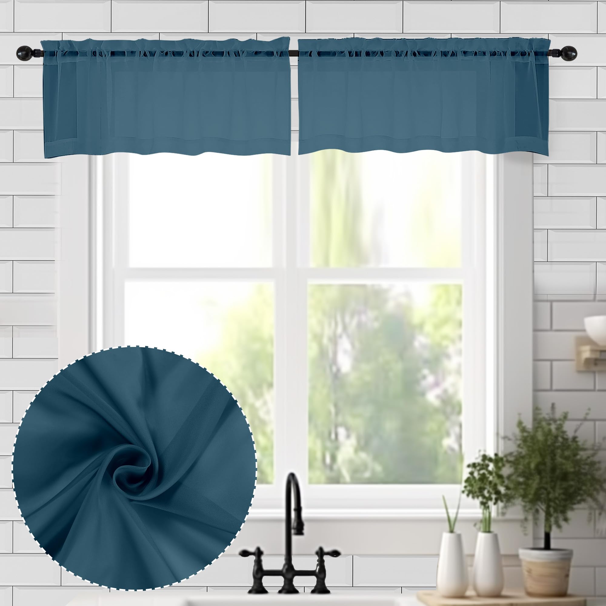 Chyhomenyc Stone Blue Sheer Valances for Windows 2 Pack, 42Wx14L Inches Small Valance for Living Room Bathroom Cafe Laundry Basement, Elegant Haze Blue Voile Valance — image 1