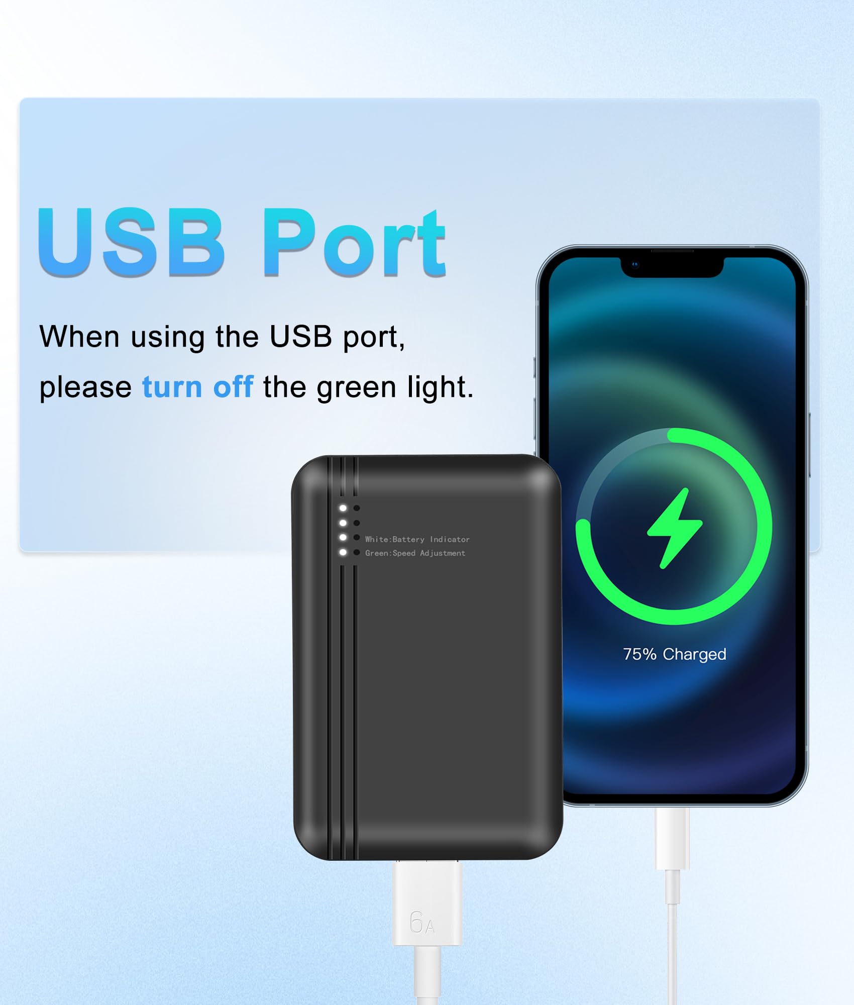 Batterie externe 10 000 mAh pour gilet thermique, batterie portable avec sortie USB 7,4 V CC et 5 V pour gilets chauffants et gilets de ventilation, 4 niveaux de vent réglables