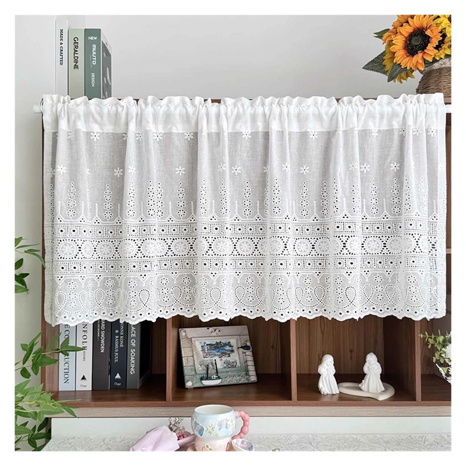 FDBTYJN Short Curtains Short Curtain Simple And Exquisite Hollowed Flower Embroidery Cafe White Cloth For Kitchen Cabinet(W150 x H50cm 1Piece)