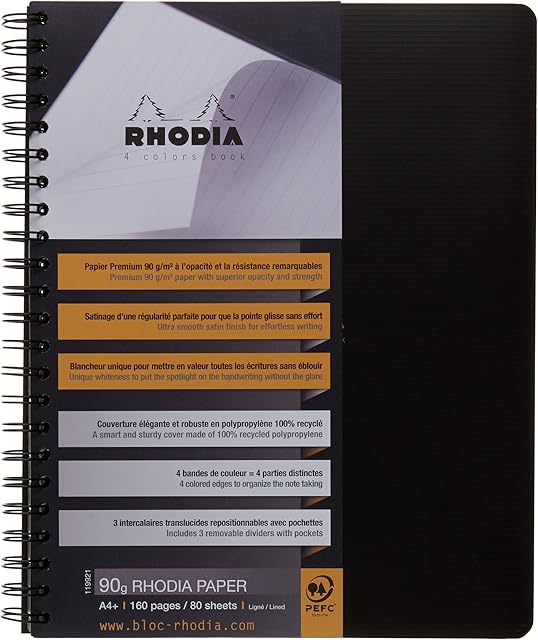 RHODIA 119921C - Spiral Notebook (Full Bound) 4coloRsbook Black A4+ | Lined | 160 Detachable pages Perf. 4 Holes - Clairefontaine Paper 90g - Polypro Cover (Plastic) - Rhodiactive