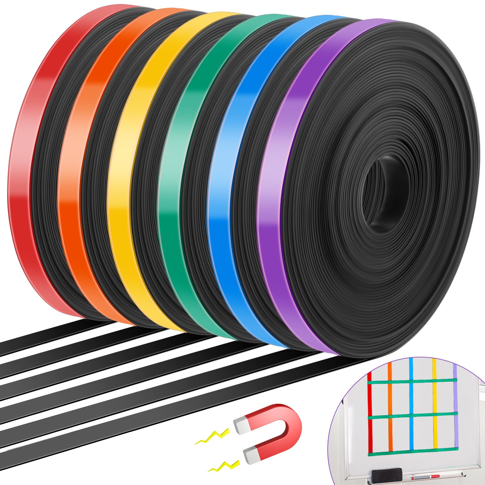 6 rolek taśmy magnetycznej, kolorowe, cienkie paski, 1 cm x 10 m, tablica magnetyczna, graficzna taśma dekoracyjna do znakowania linii, taśma magnetyczna, kolory tęczy, taśma magnetyczna do