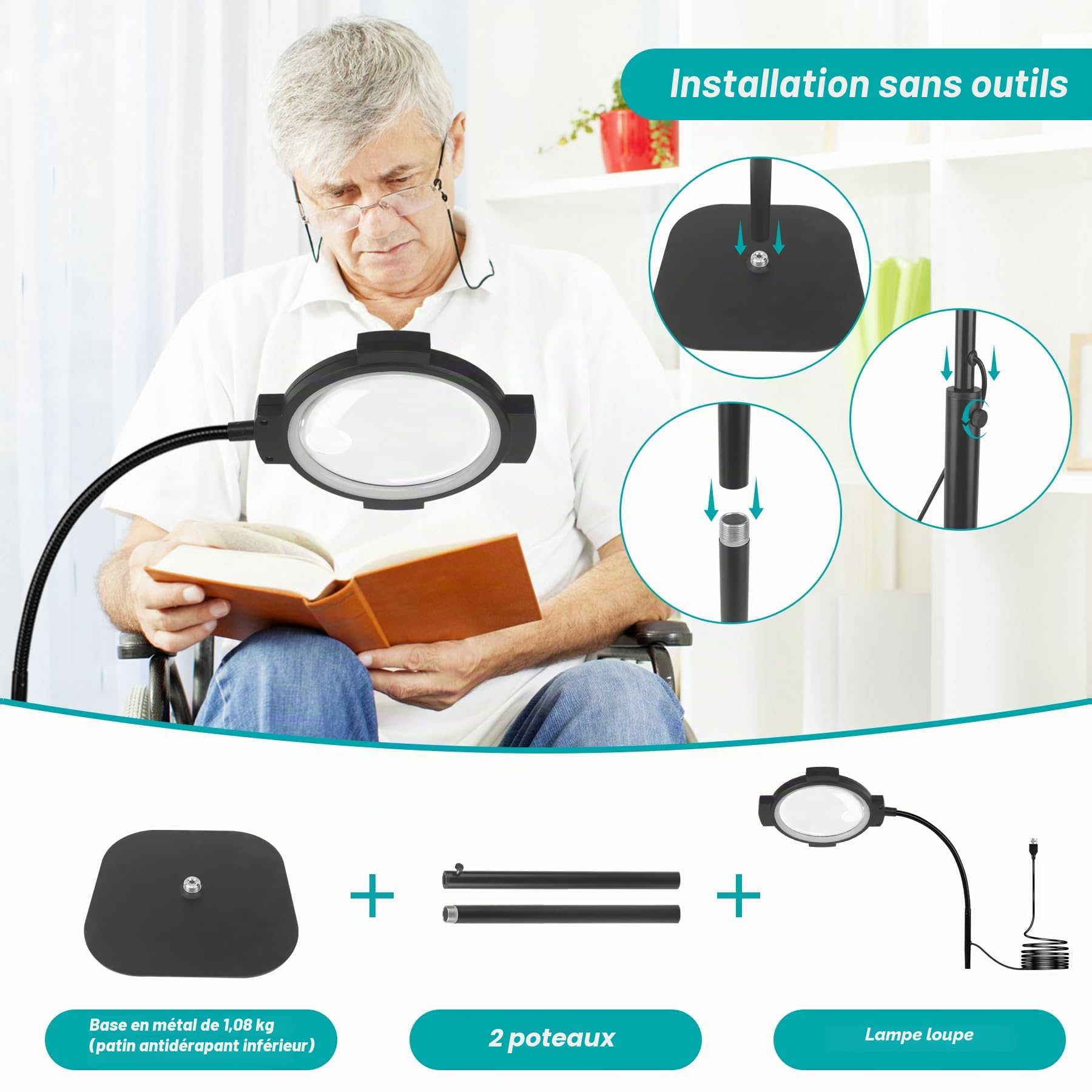 Loupe grossissante 10X 30X avec lumière et sur pied, lampadaire à 54 LED à intensité variable, 3 niveaux, loupe lumineuse 2-en-1 col de cygne pour la lecture, la couture, l'artisanat, le travail de
