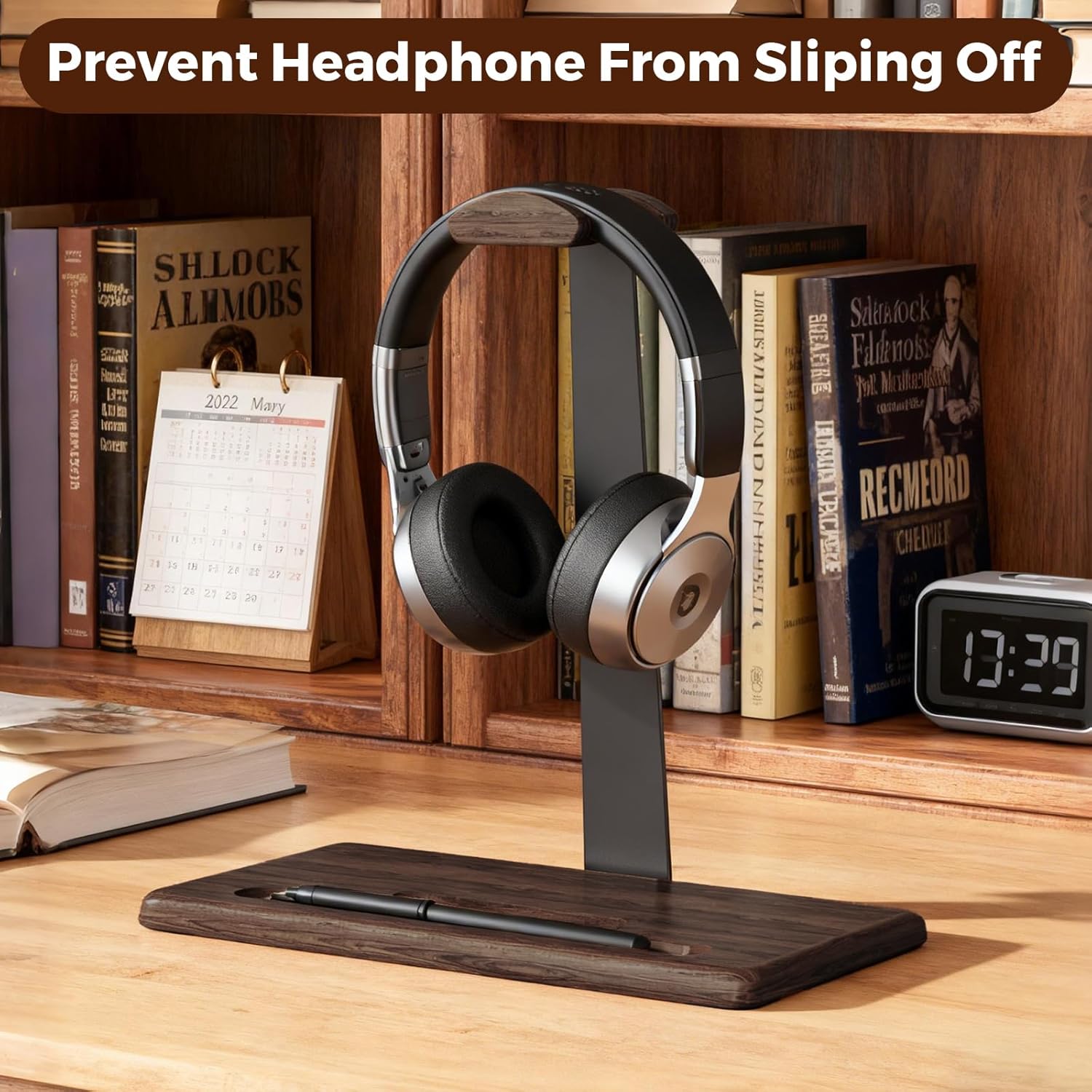 Walnut Headset Stand for Desk with Phone Holder | Headphone Stand Headphone Holder (Dark Walnut)