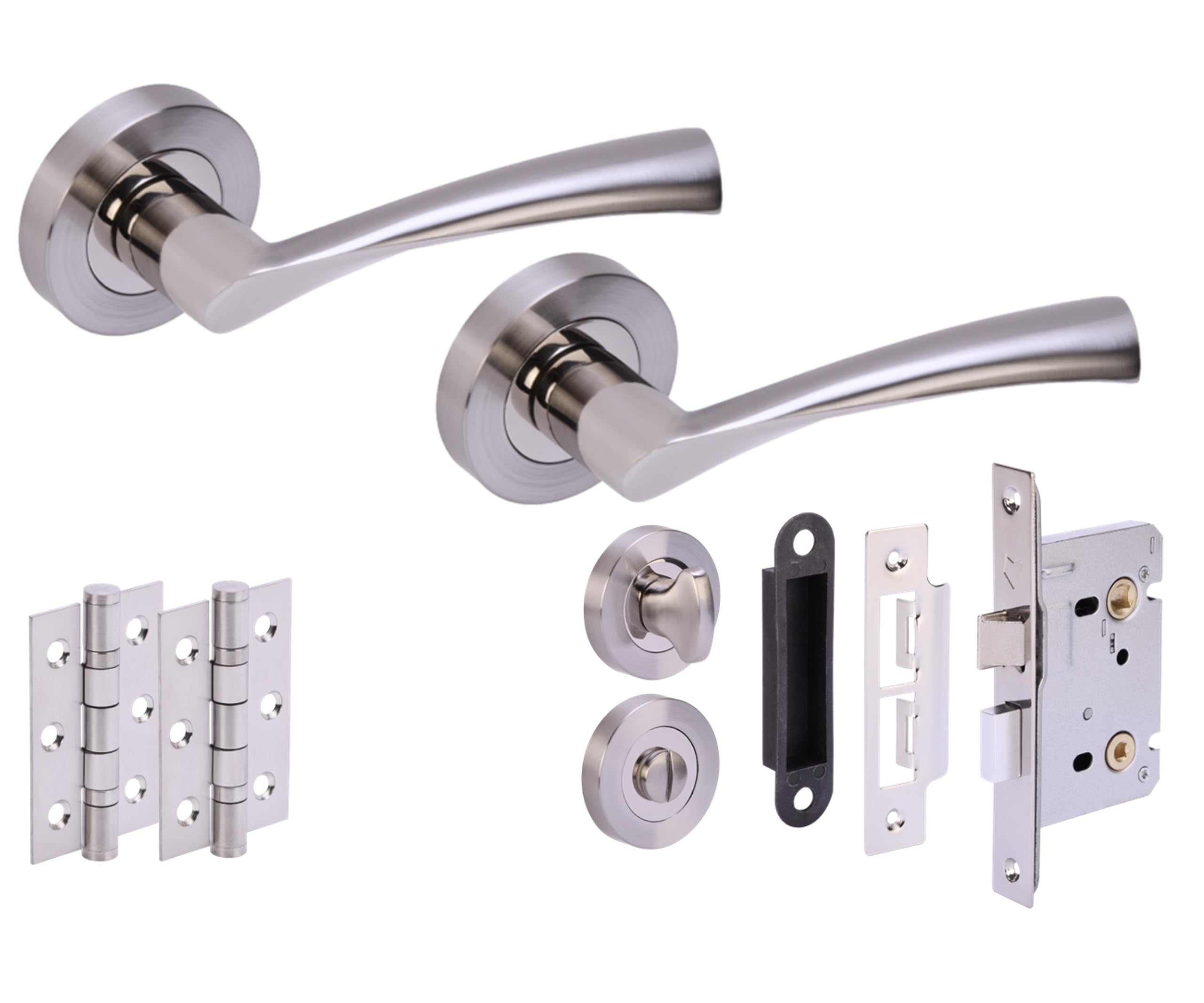 Hunta Polished Nickel / Satin Nickel Handlezone® Lobo Door Handles On Rose Bathroom Lock Pack With 75Mm Ball Bearing Hinges And 76Mm Lock - Dual Polished/Satin Nickel