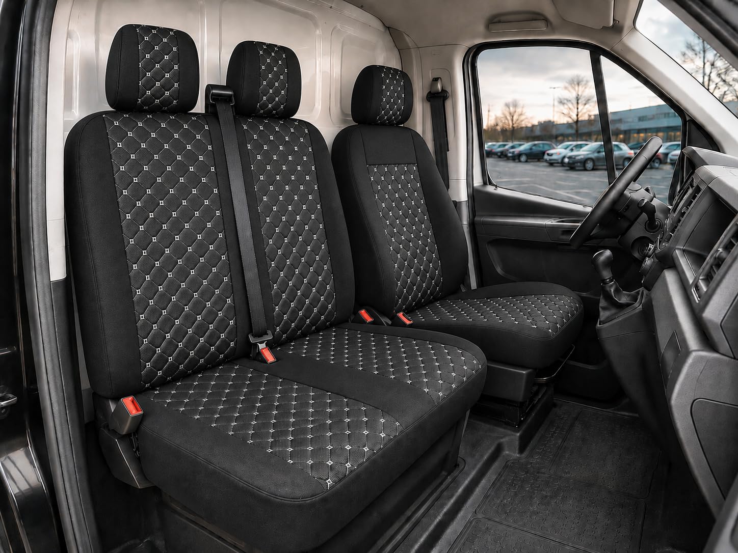 2+1 Universelle Vordersitzbezüge Set Schwarz - Weiß Steppdesign Sitzbezüge Hochwertigem Polyestergewebe Stoff für Nutzfahrzeuge Transporter Lieferwagen