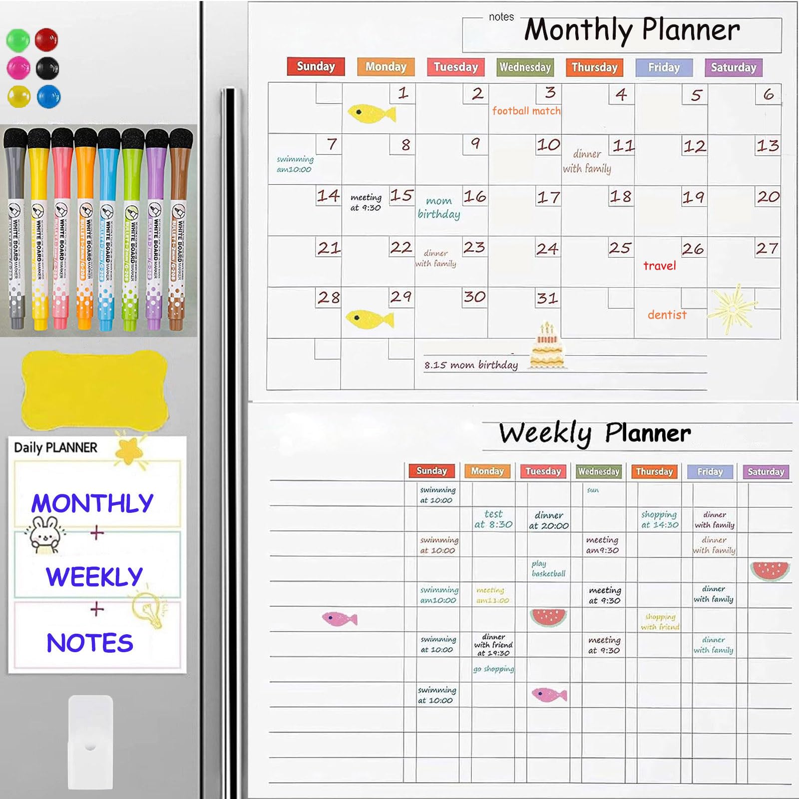 Ideal SwanMagnetic Whiteboard Fridge Calendar, 2025 Monthly Weekly Planner Dry Erase Whiteboard, Home Office Daily Meal Shopping List Family Reminders White Board With 8 Pens,6 Magnets&1 Eraser