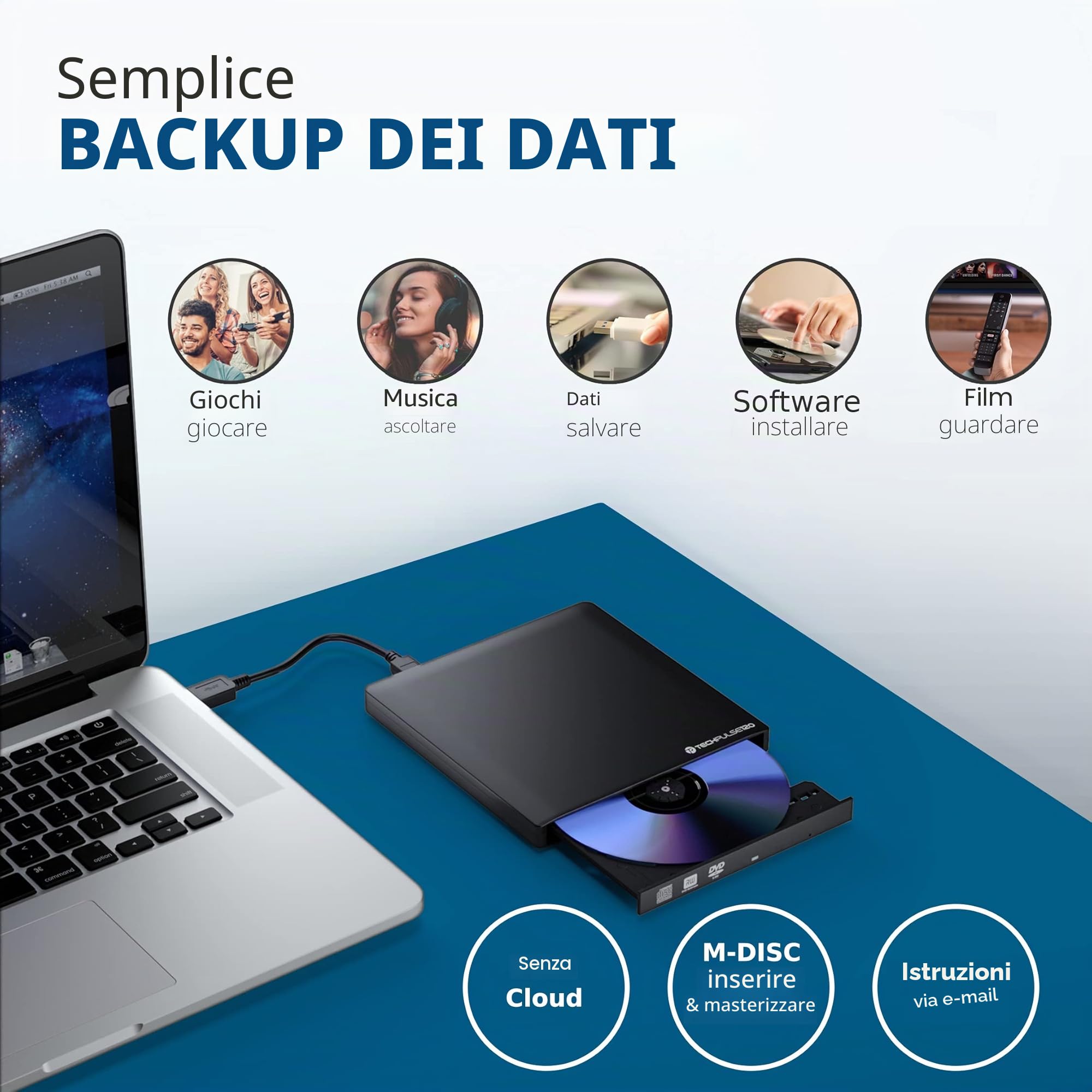 techPulse120 Masterizzatore esterno UltraHD UHD 4k 3D M-DISC BDXL HDR10 100GB USB 3.0 & USB-C, masterizzatore Burner Superdrive UltraSlim BD DVD CD CD Ultra Pack custodia 90cm cavo alluminio nero