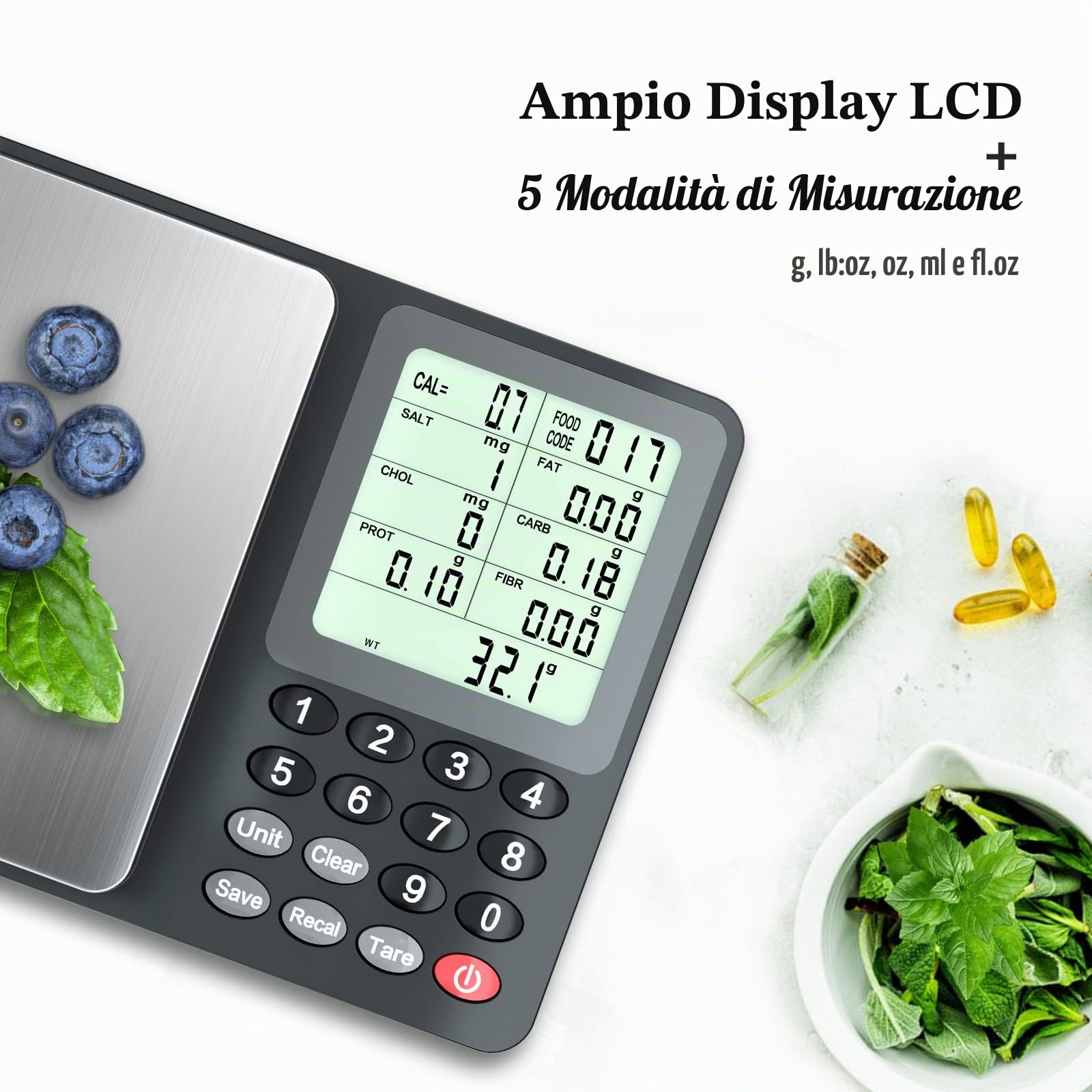 Fuzion Bilancia alimentare nutrizionale, bilancia digitale per la perdita di peso, calcolo dei fattori alimentari, macro, calorie, preparazione dei pasti, controllo delle porzioni, acciaio