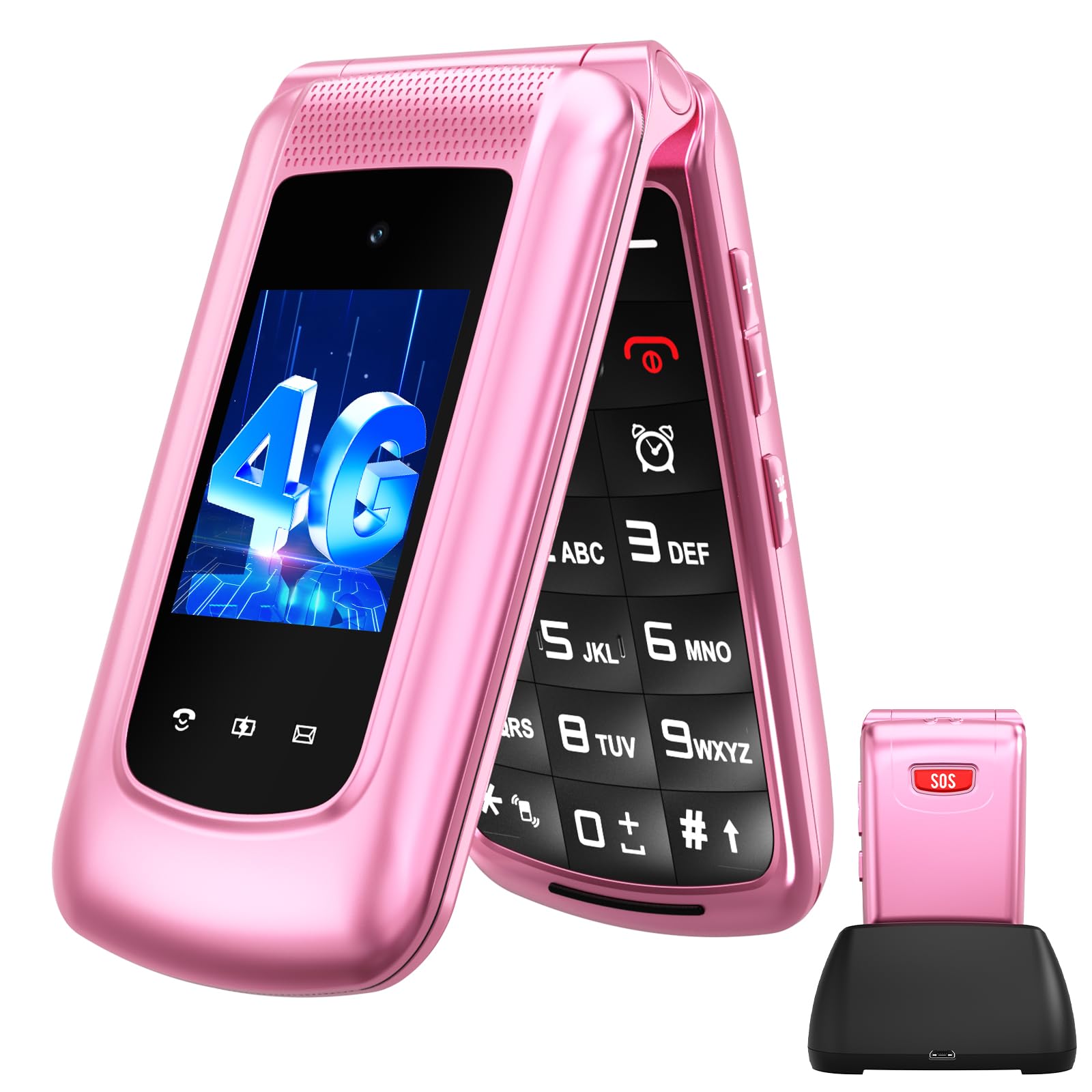 4G Telefono Movil para Mayores Libre | Teclas Grandes | Fácil de Usar Teléfono Móvil Personas Mayores| Doble SIM Doble Pantalla LCD | Locución por Voz |Botón SOS| Base Cargadora| Batería 1000mah|Rosa