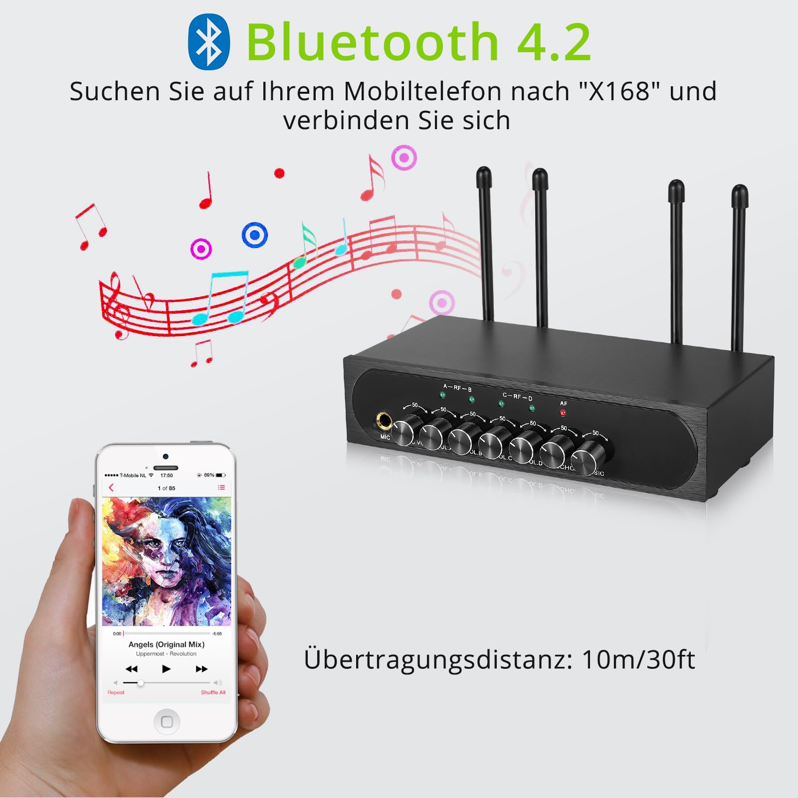 LiNKFOR 4 x UHF Mikrofon drahtloses UHF 4 Kanal Mikrofonsystem mit 4 drahtlosen Handmikrofonen, 50 * 4 Kanälen wählbare Frequenz, Echo, Bluetooth, AUX, ideal für DJ, Gesang, Kirche, Hochzeiten