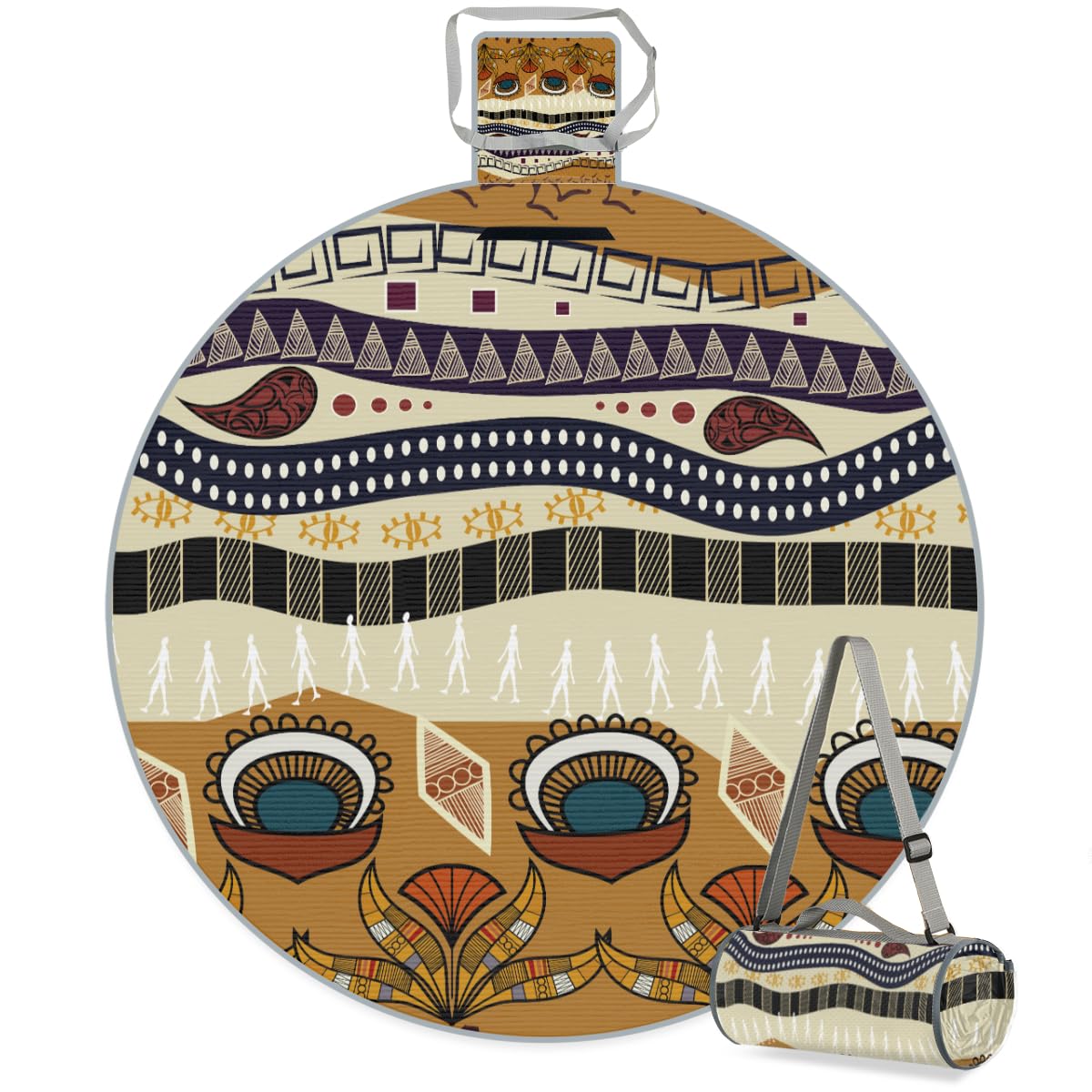 Shimoshe Ethnic Tribe Patterns Picnic Outdoor Blanket Foldable Waterproof Sandproof Beach Blanket Portable Water-Resistant Round Picnic Mat for Travel Camping Park Lawn