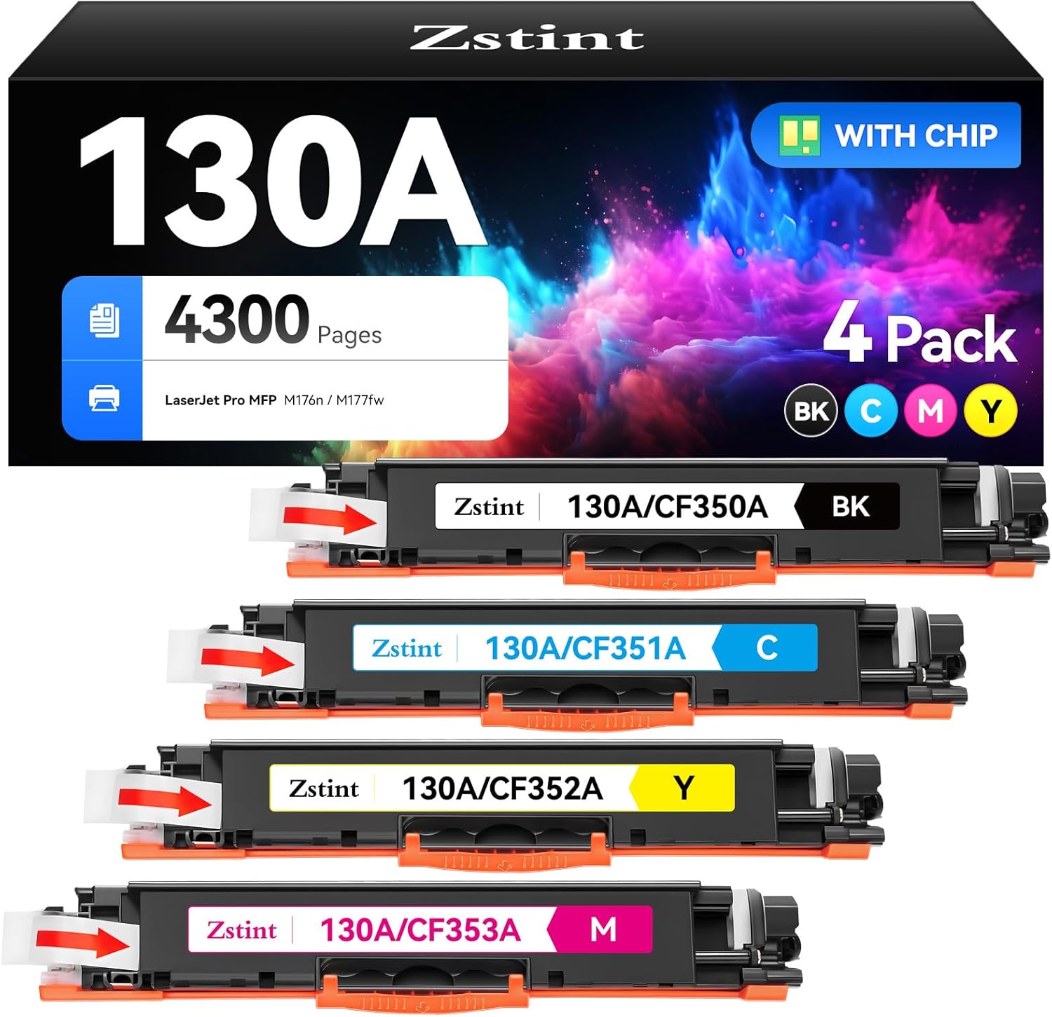 130A Toner Cartridge Set (4-Pack Black Cyan Yellow Magenta) High Yield Replacement for HP 130A CF350A CF351A CF352A CF353A Compatible with HP Color LaserJet Pro MFP M176n M177fw Printer Ink M176 M177