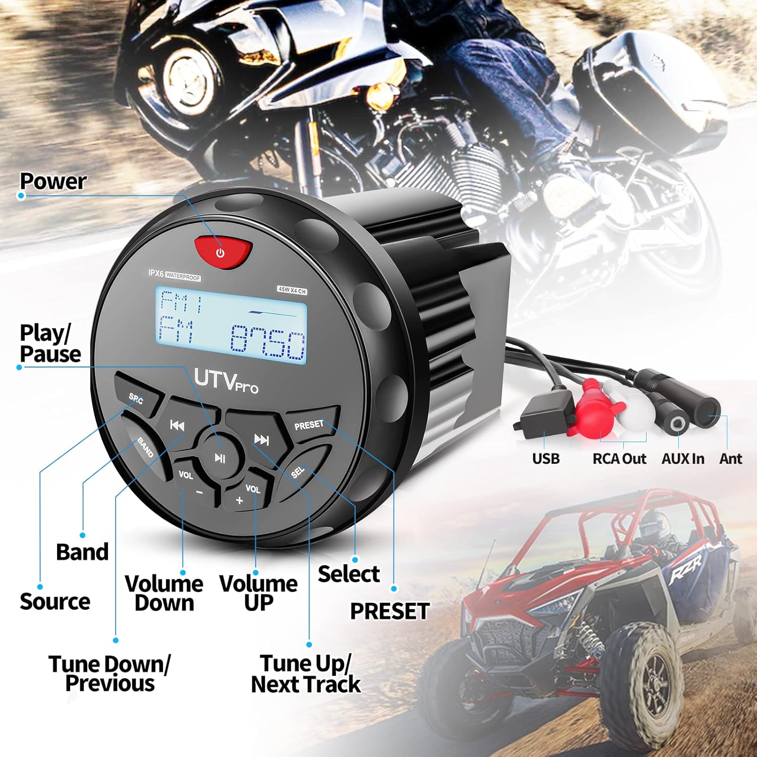 Marine Audio System Stereo Speaker Package, Bluetooth, MP3 USB AM FM Marine Stereo - 2 x 6.5 Inch Black Speakers, Antenna - Image 6