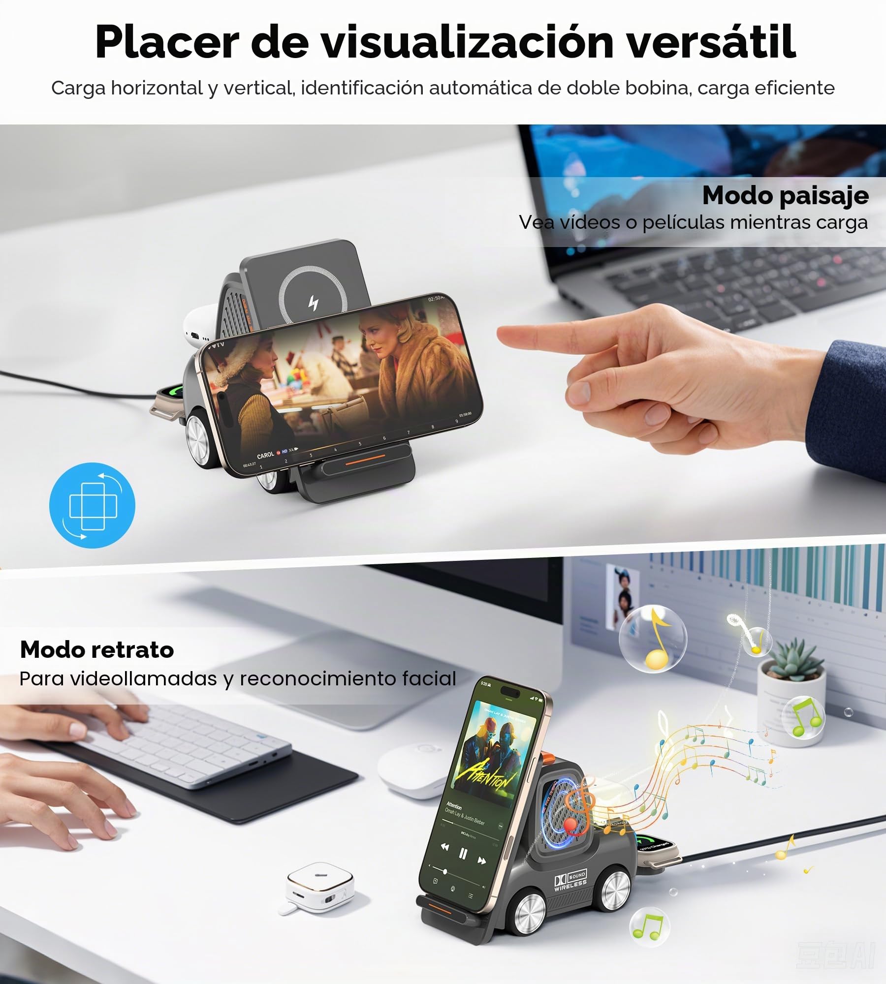 Estación de carga inalámbrica para montacargas con altavoz Bluetooth, cargador rápido inalámbrico 4 en 1 para múltiples dispositivos, compatible con iPhone 16 15 14 13 Pro Max Series, Apple iWatch