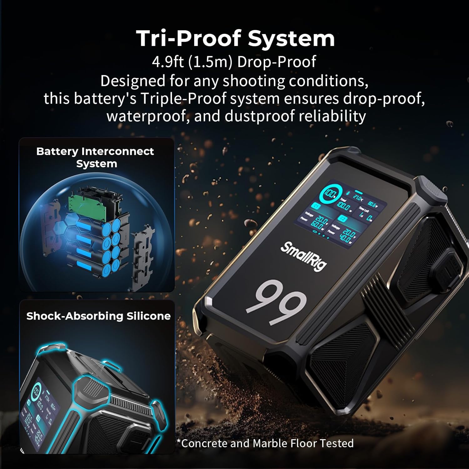 SMALLRIG V Mount Battery X99 showing tri-proof system